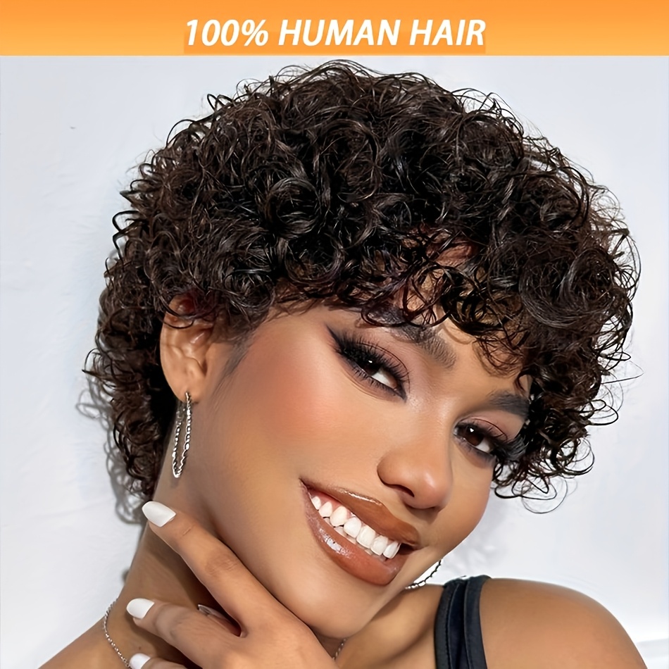 

Chic 4-inch Cut Wig With Bangs For Women - 180% Density Brazilian Human Hair, Curly Wave Style, Glueless No Lace, & Parties & Christmas, Hair Wig