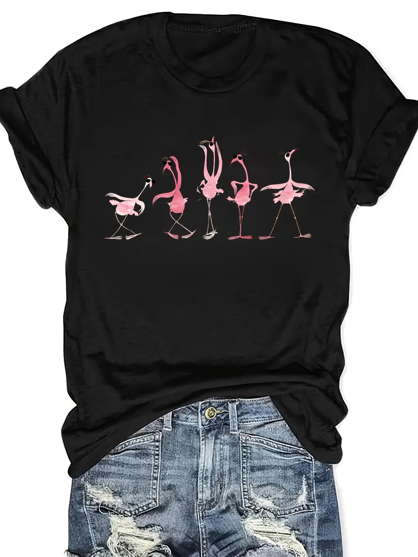 Women's Casual Flamingo Print T-Shirt Black with Pink Animal Design,  Relaxed Fit Round Neck, Breathable Medium-Stretch Fabric, Machine Washable  All-
