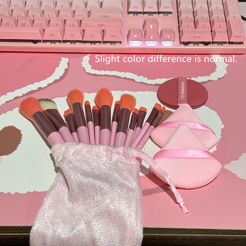 TEMU 1 Set Premium -one Makeup Kit, Including 13pcs Pink Makeup Brushes And 2pcs Triangle Puff, 1pc Round Puff, And Storage Bag, Gentle Brushes,