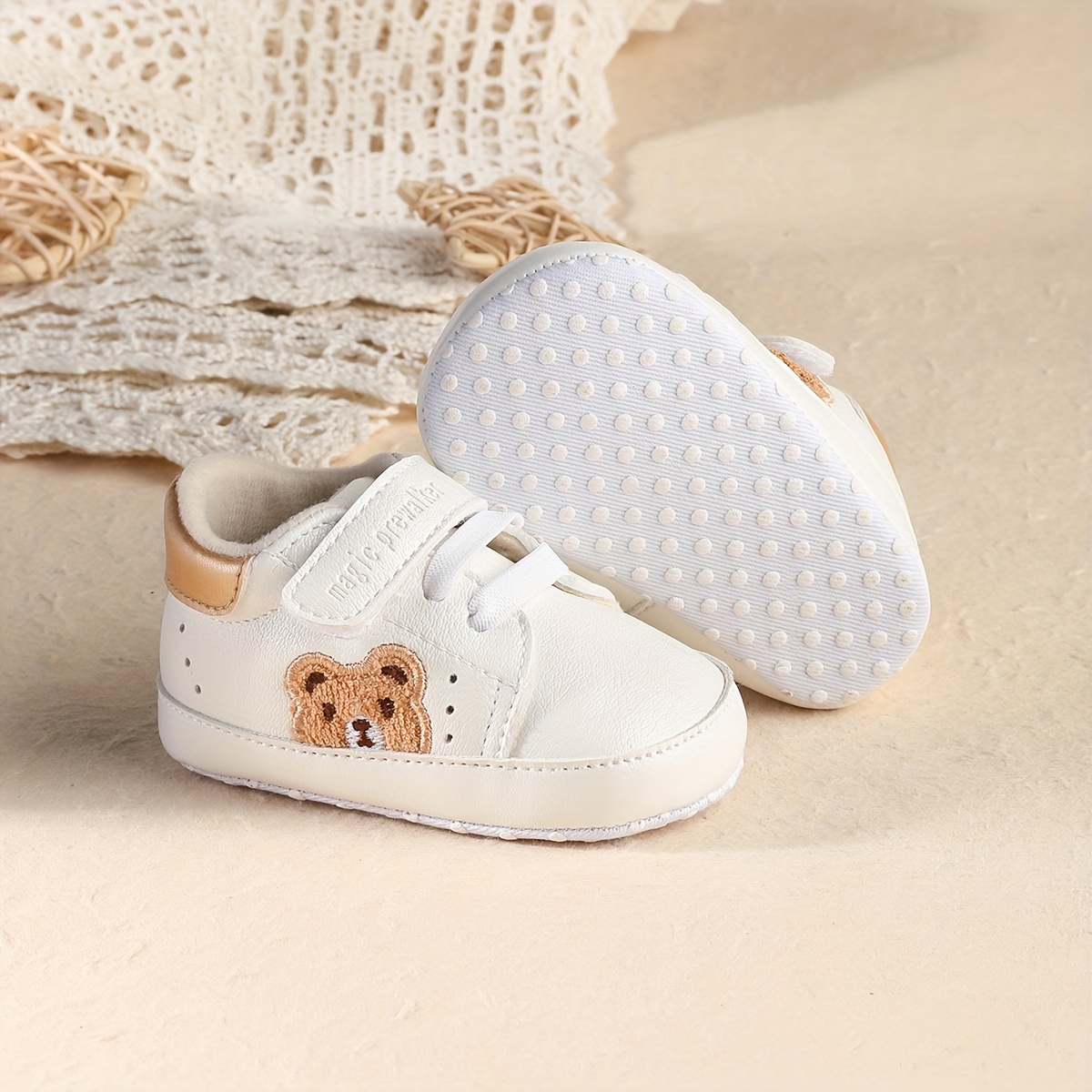 Image of 0-3-5 Months Spring Autumn Newborn Boy Solid Color Pu Cartoon Flat Design Casual All-match Cute Baby Boy Sneakers Suitable For Indoor Outdoor Infant Walking Shoes Suitable For Spring Autumn