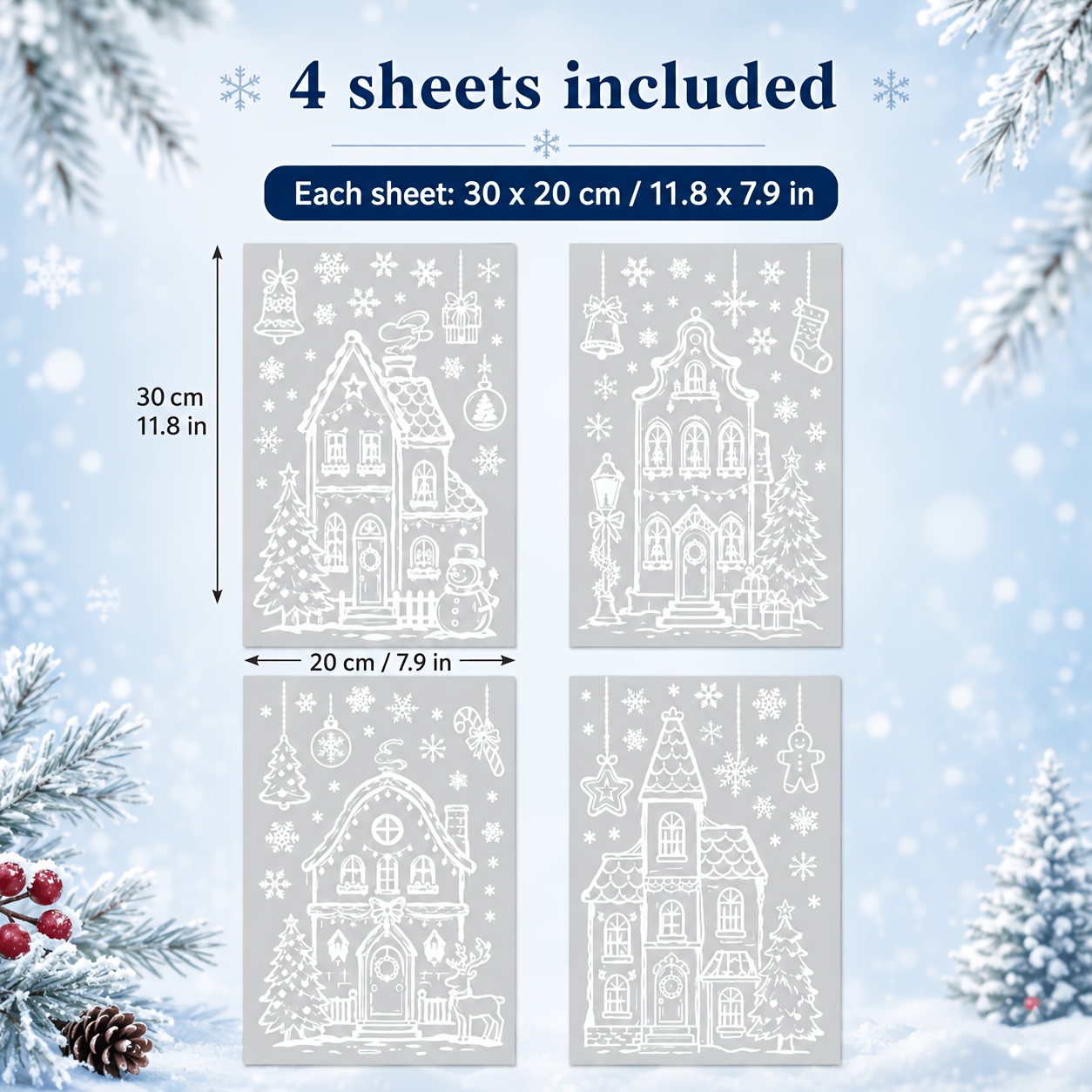 TEMU 4pcs Christmas Town Window Stickers, 30 X 20cm, Snow Houses, Pine Trees And Ornaments Patterns, White Line Art Design, Suitable For Living Rooms