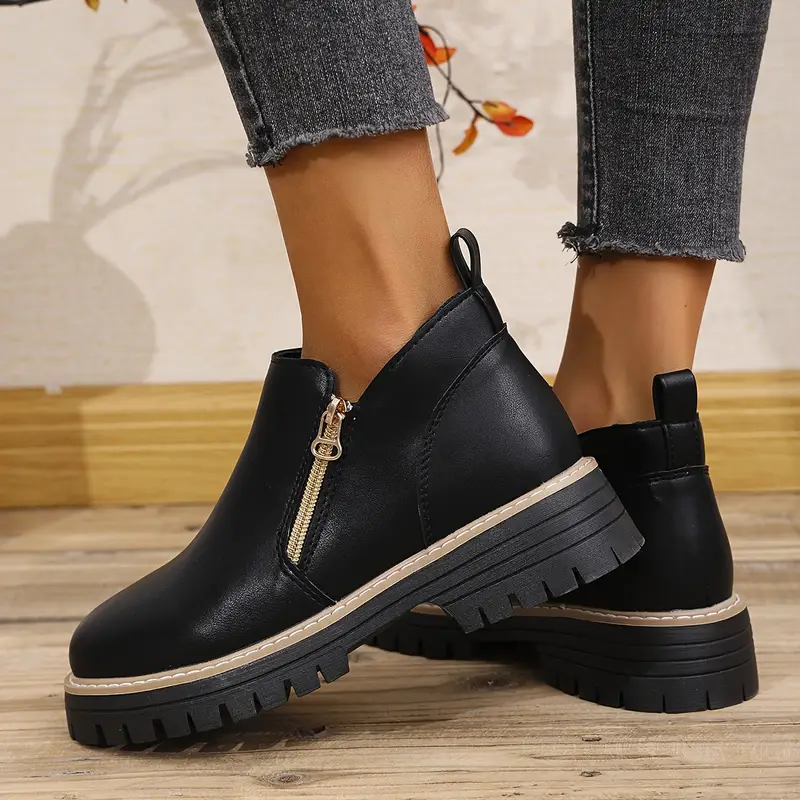 1pr womens classic british style ankle boots solid black pu comfortable season round toe low platform heel dual zipper breathable casual shoes with tpr sole and fabric insole details 3