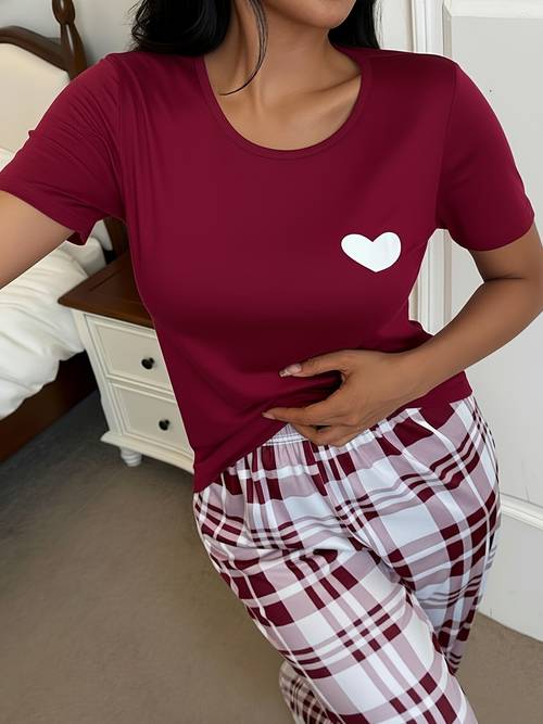 womens casual white heart print burgundy short sleeve top and burgundy pink white checkered pants pajama two piece set