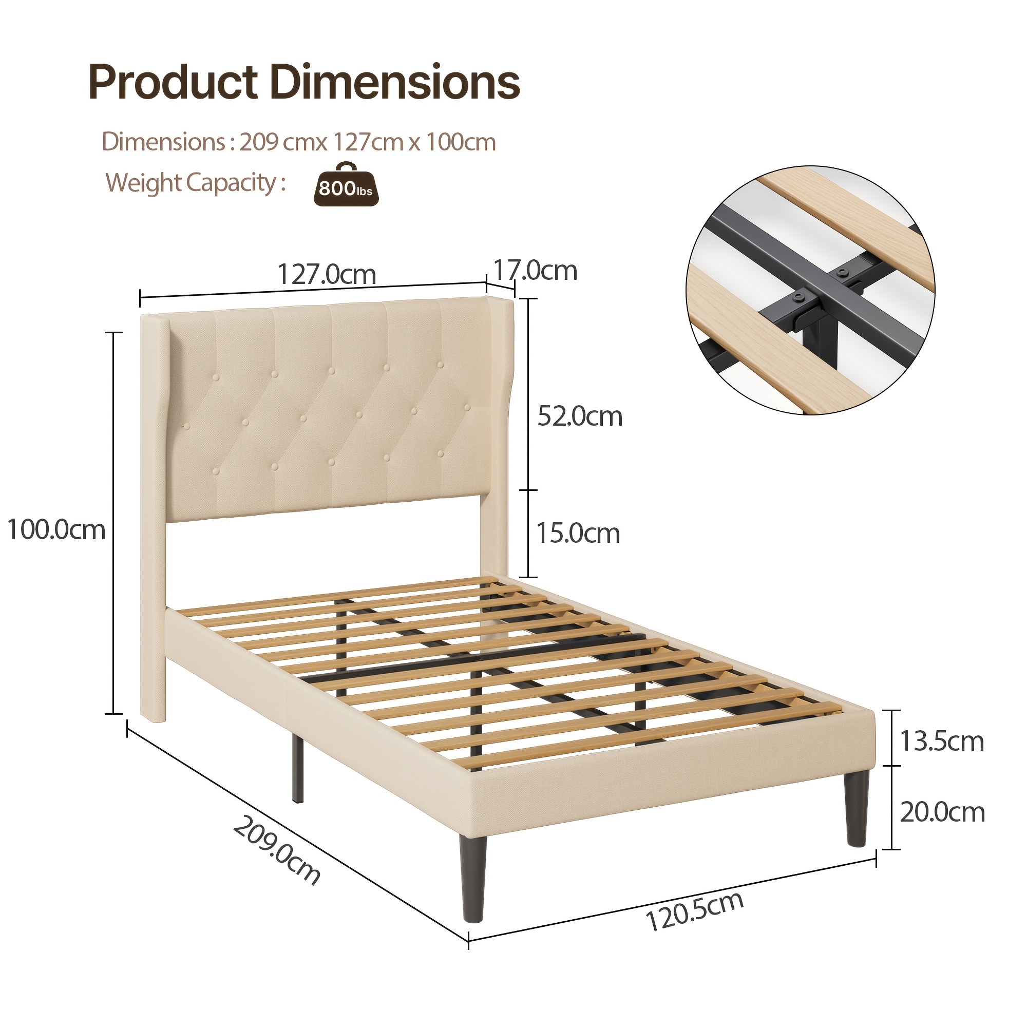 Image of 120x200cm Bed Frame | Single And Double Bed Options, With Silent Strips, 20cm Space Under The Bed, Easy To Assemble, Dark Gray/beige, Mattress Not Included, , Hardwood Material