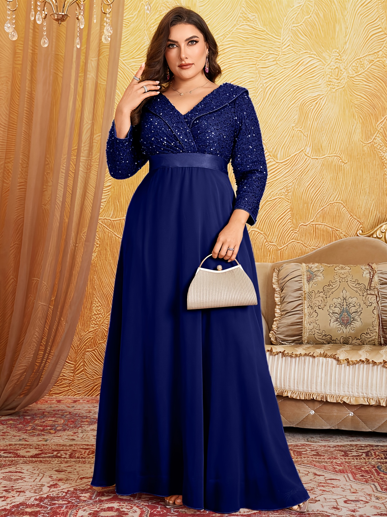  taille - taille - robe longue à sequins et , col , manches 3/4, coupe Détails du produit 2