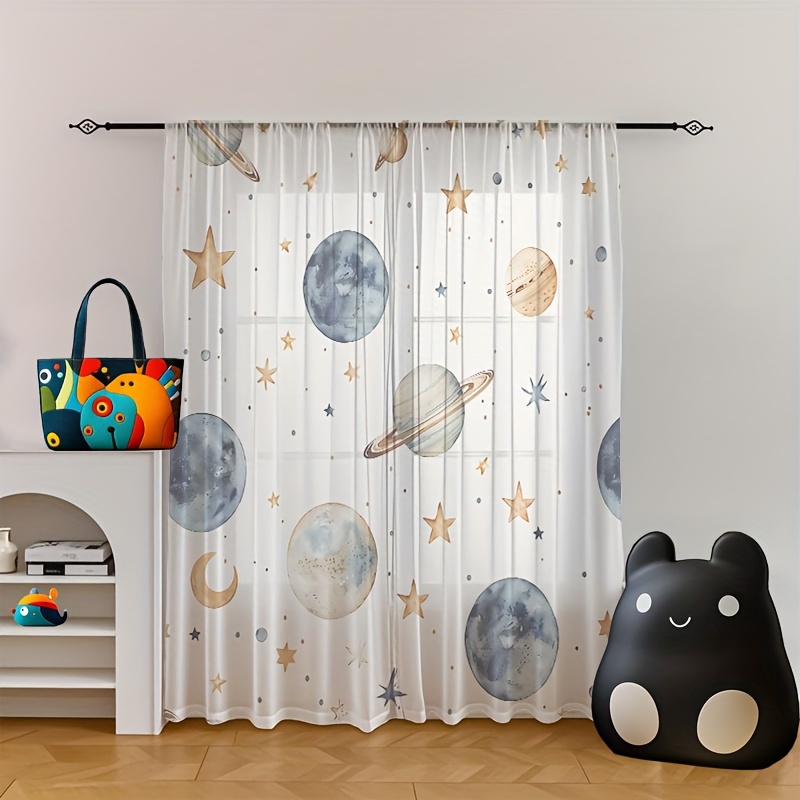 TEMU 2pcs Semi-transparent Curtains, Starry Sky And Planet Theme Watercolor Sheer Curtains, Romantic Room Decor Window Drapery, Perfect For Bedroom,