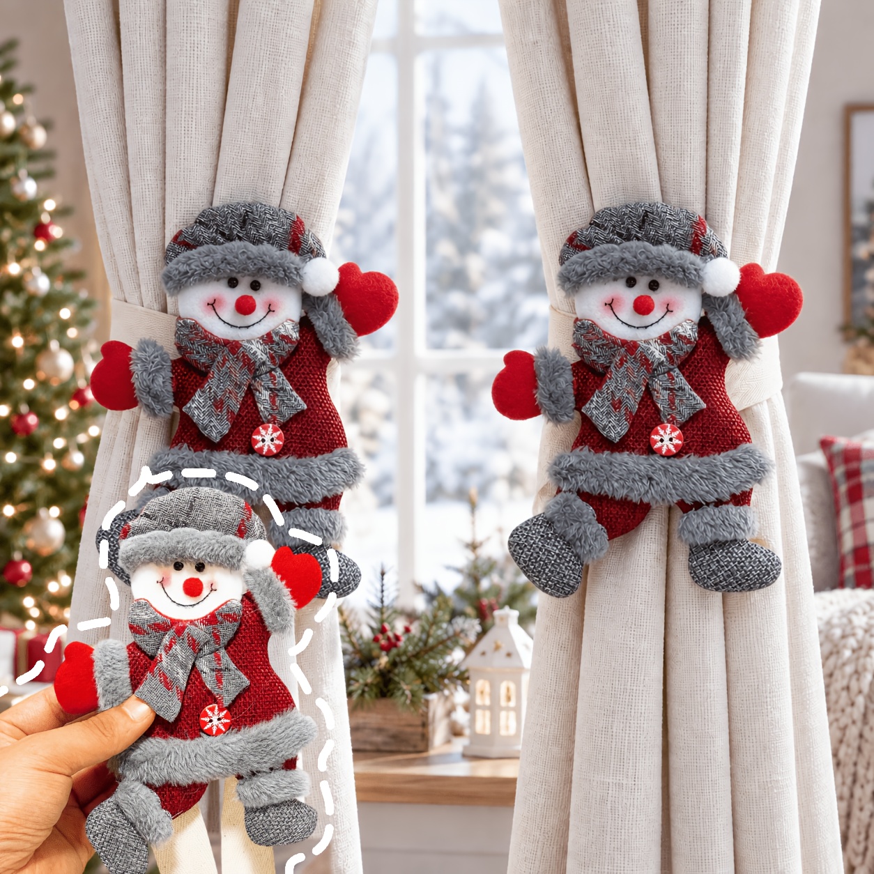TEMU 2pcs Christmas Themed Felt Fabric Doll Curtain Tiebacks, Large Size Curtain Tieback Decorations, Santa Claus, Snowman, Reindeer, And Brown Bear