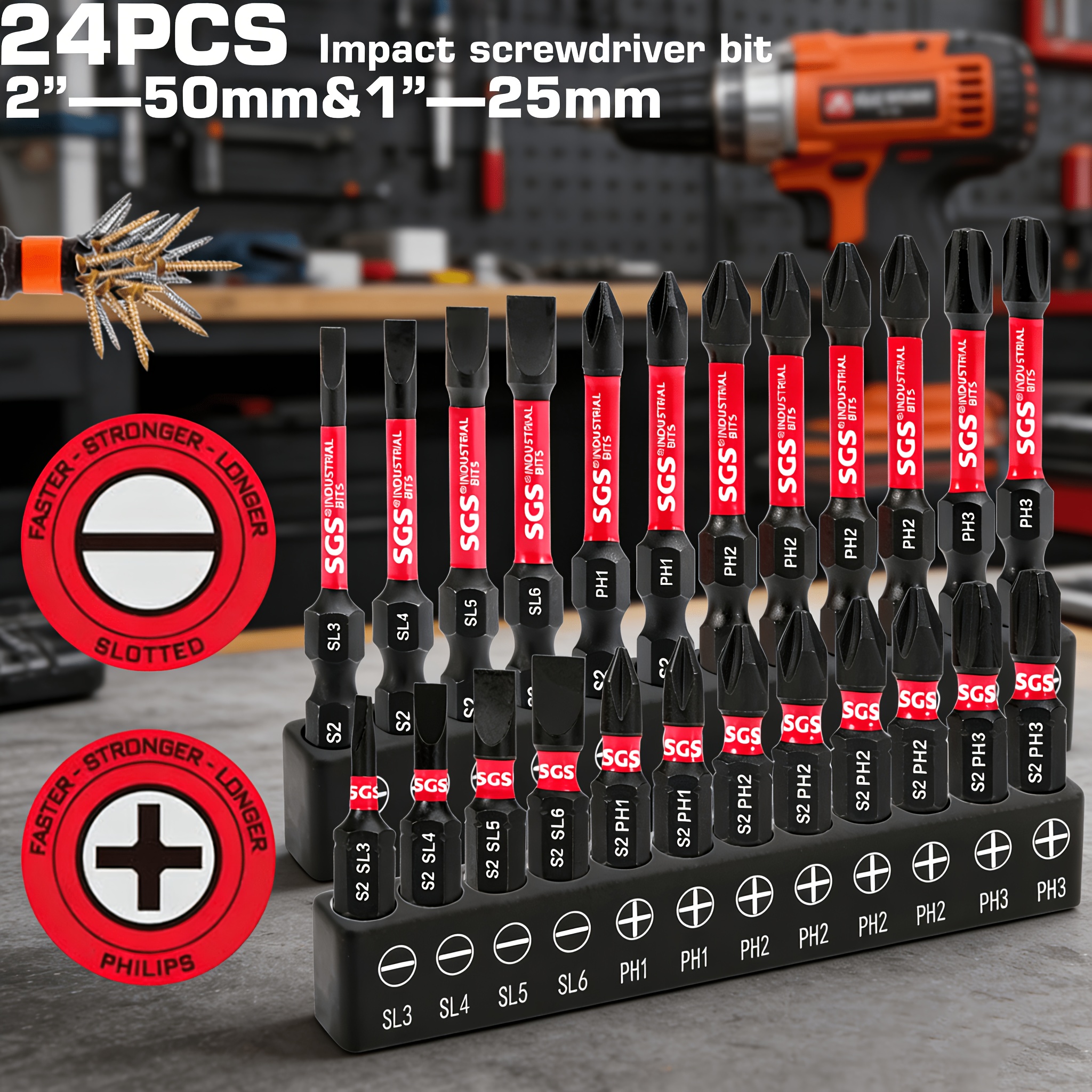 TEMU 24pcs S2 Steel Phillips & Slotted Screwdriver Bit Set, Heavy-duty, Strong Magnetic, Impact Resistant, 1/4" Hex Shank, Rustproof & Durable, High