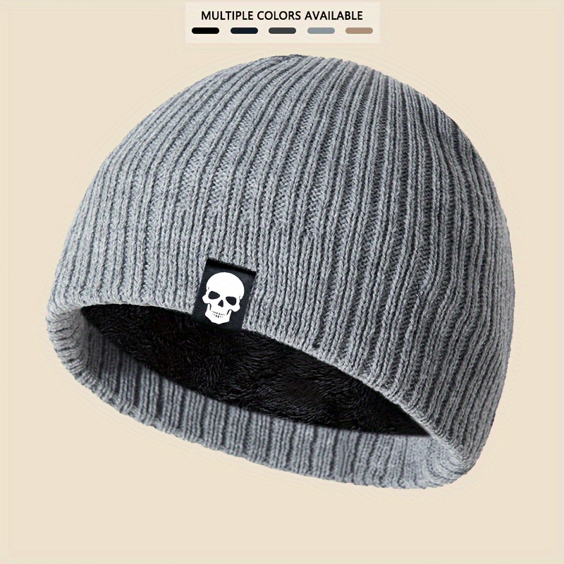 

1pc Halloween Skull Cloth Label Knit Hat Plus Velvet Warm Windproof Short Hat, Fashion Beanie Soft Comfortable Knit Hat For Cold Autumn And Winter Season