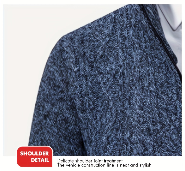 Men's Warm Cable-Knit Sweater Jacket - Winter Business Casual Coat with Stand Collar, Machine Washable Sweater for Office, Gym & Daily Wear - Cable-Knit Front Panel (No Belt Required) - Autumn/Winter