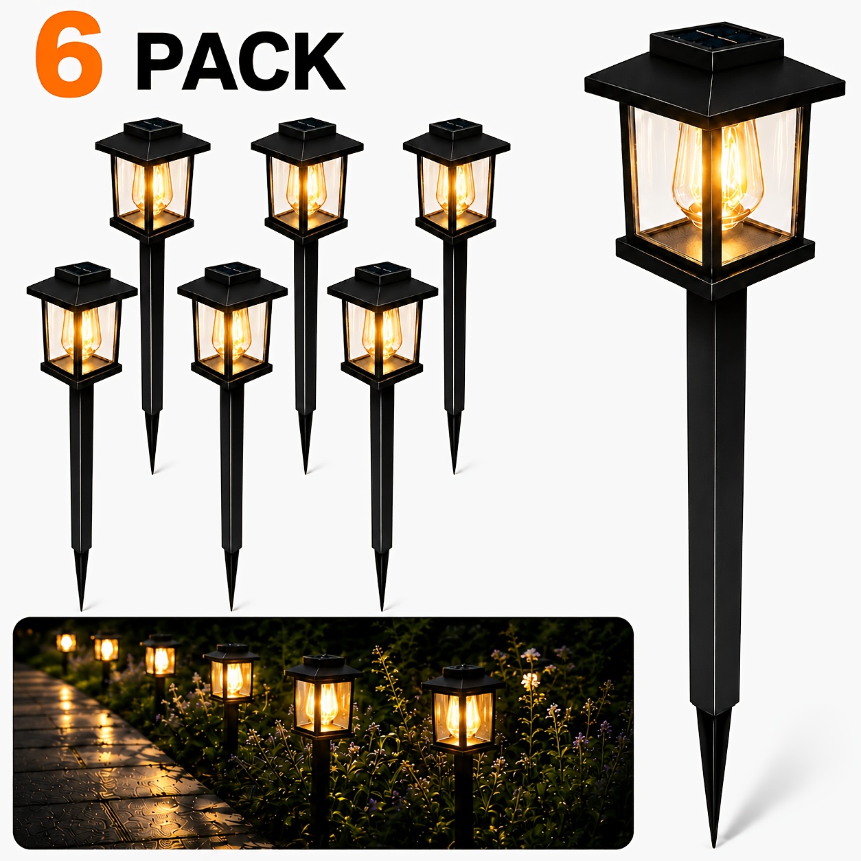 TEMU 12/6 Pack Outdoor Solar Landscape Lights, Bright Warm White Led Pathway Lights, Ip44 Waterproof, Smart Dusk-to-dawn Sensor, No-wiring For Home
