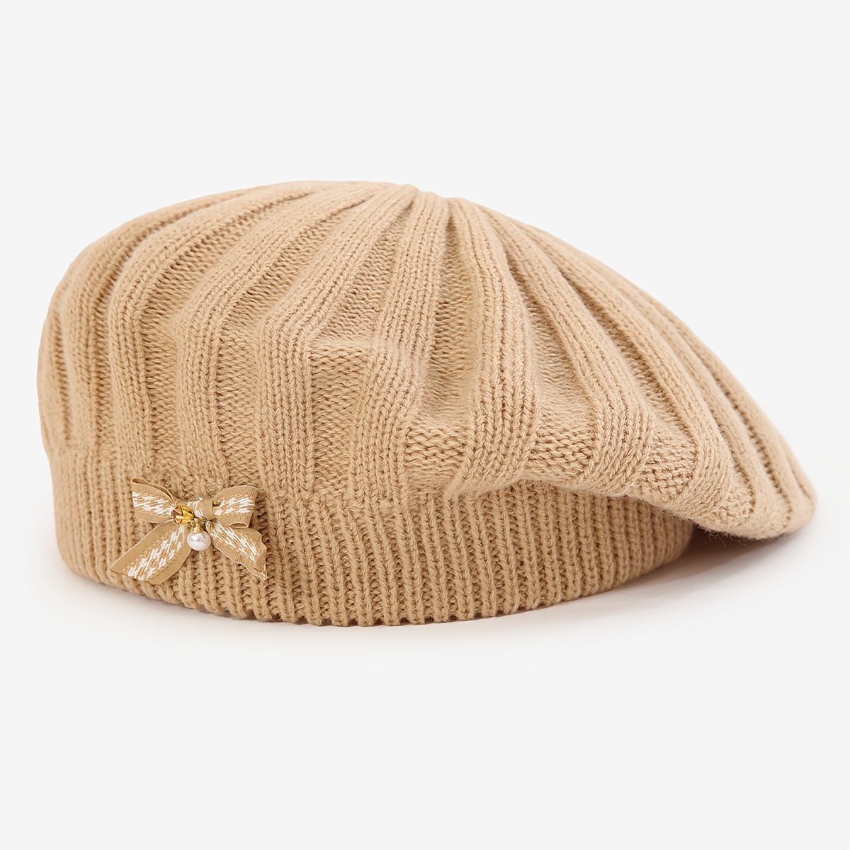 TEMU 1pc Adult Bowknot Rhinestone Embellished Knitted Beret, Casual Fashionable Versatile Windproof Warm Winter Hat, Suitable For Men And Women For