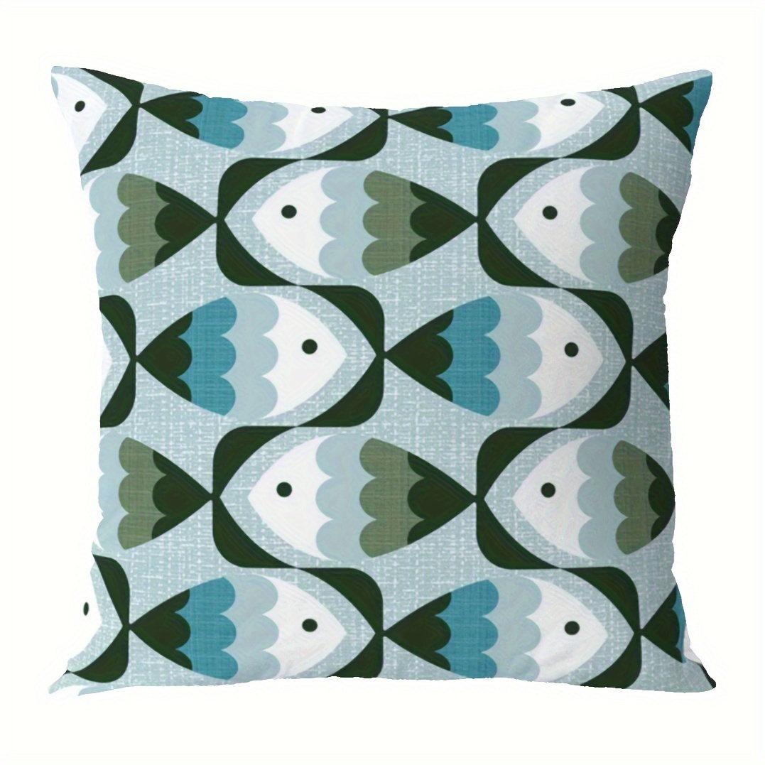 TEMU Housse de coussin géométrique rétro poisson de milieu de siècle, style traditionnel 18x18 pouces, housse de coussin décorative carrée en