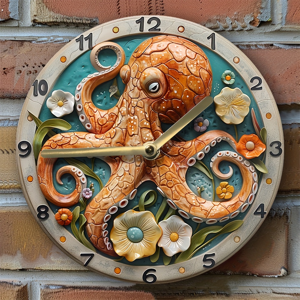 

Silent 8x8" Aluminum Wall Clock With Octopus Design - Perfect For Bedroom Decor & Graduation Gifts, Diy Summer Theme