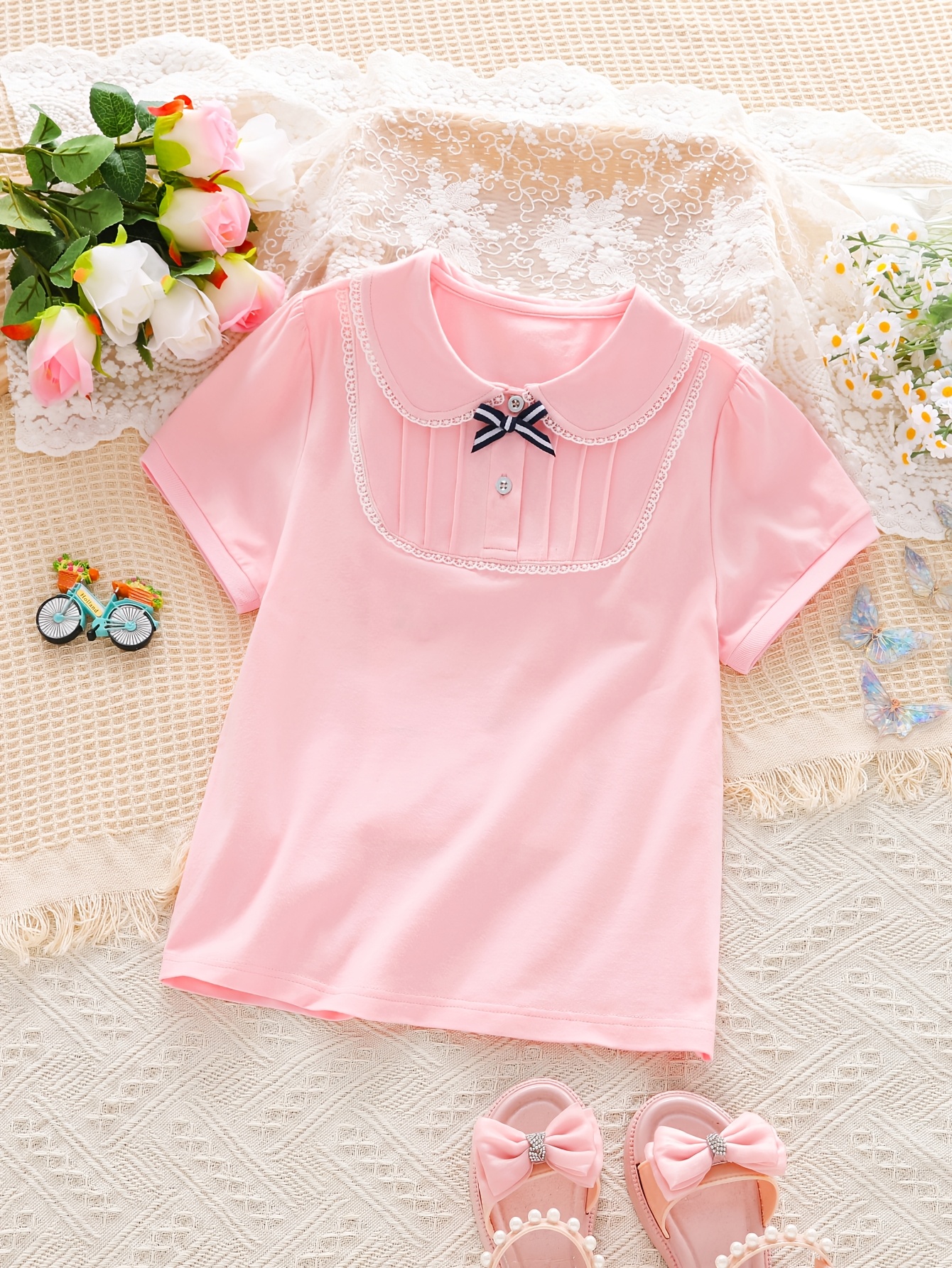 Blusa Casual Juvenil Rosada Camisa Cuello Niñas Camiseta Verano