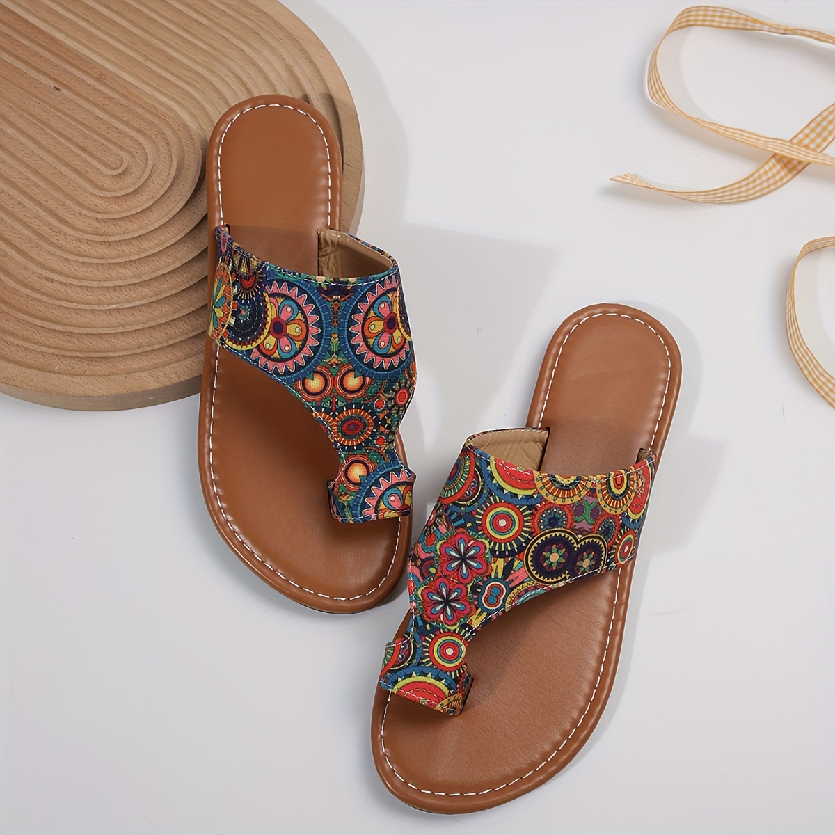 womens flower pattern slide sandals casual loop toe summer shoes lightweight slip on slide sandals details 3