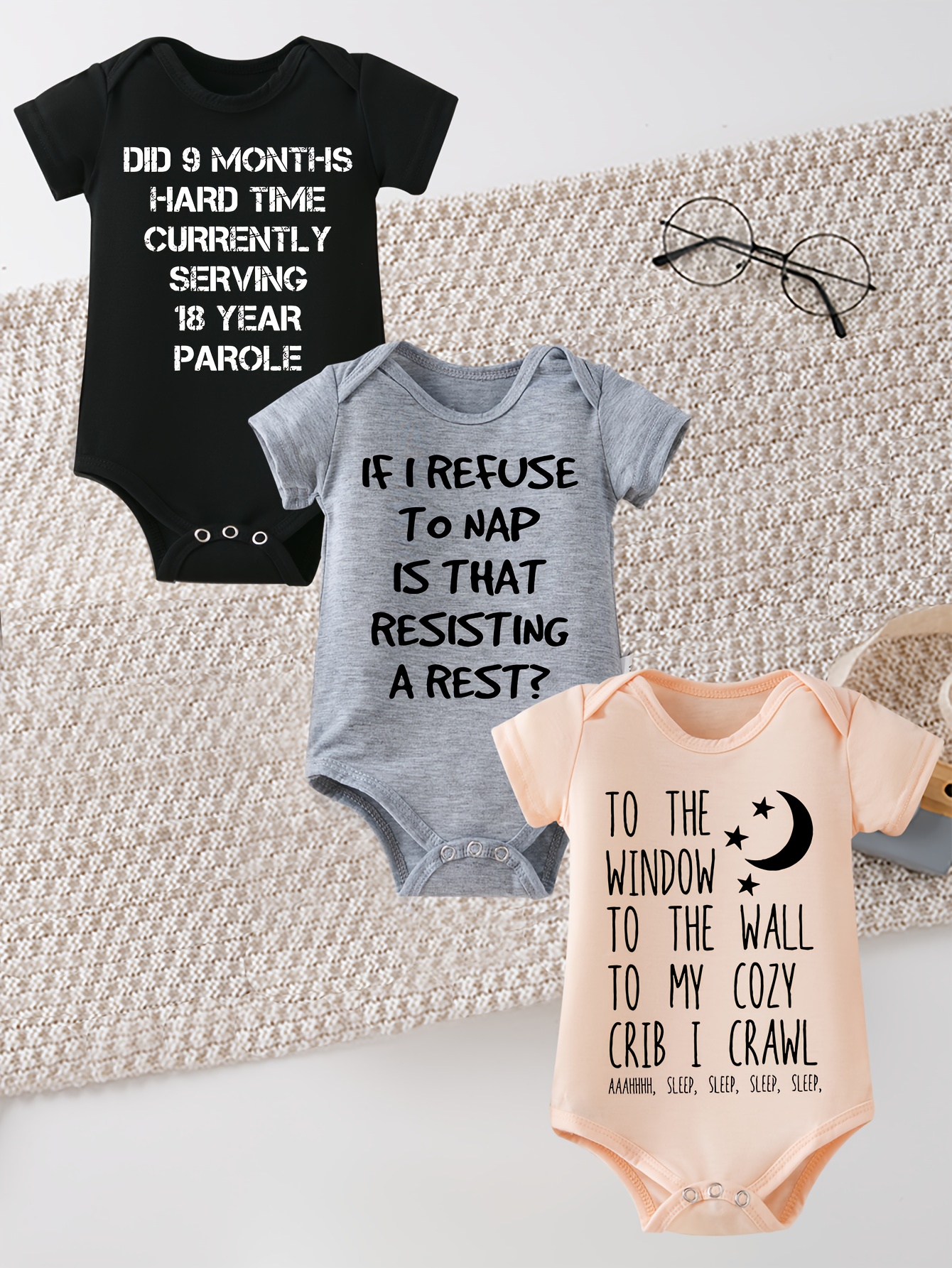 3 stk Baby Romper Sett med månefasninger og morsomme sitater * og  avslappede rundhalsbodysuits for gutter og jenter * vår/omhemsantrekk, søte  klær for ..., image size:800x1066