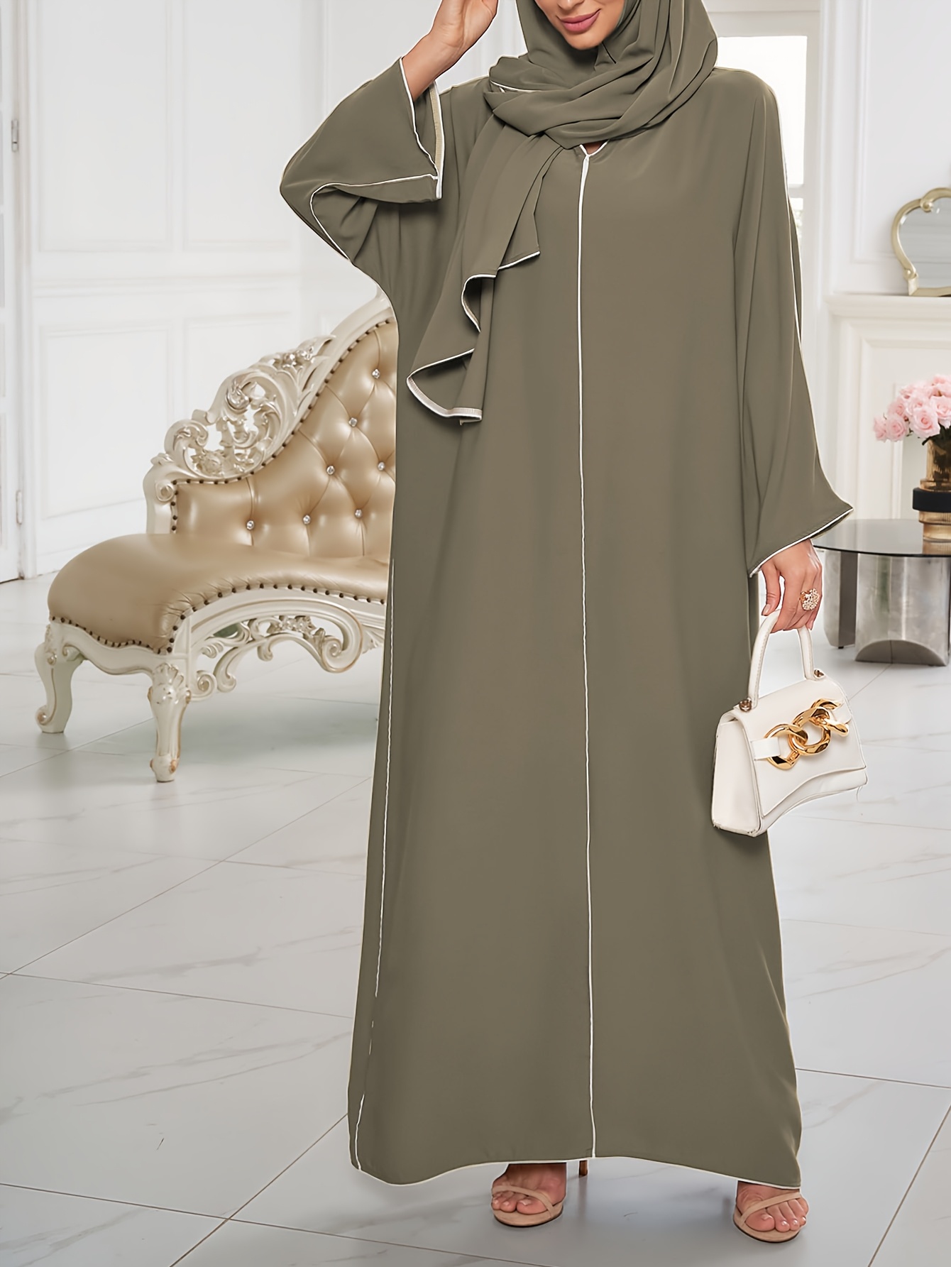 two piece fashionable muslim robe dress overlock stitching - Temu Oman