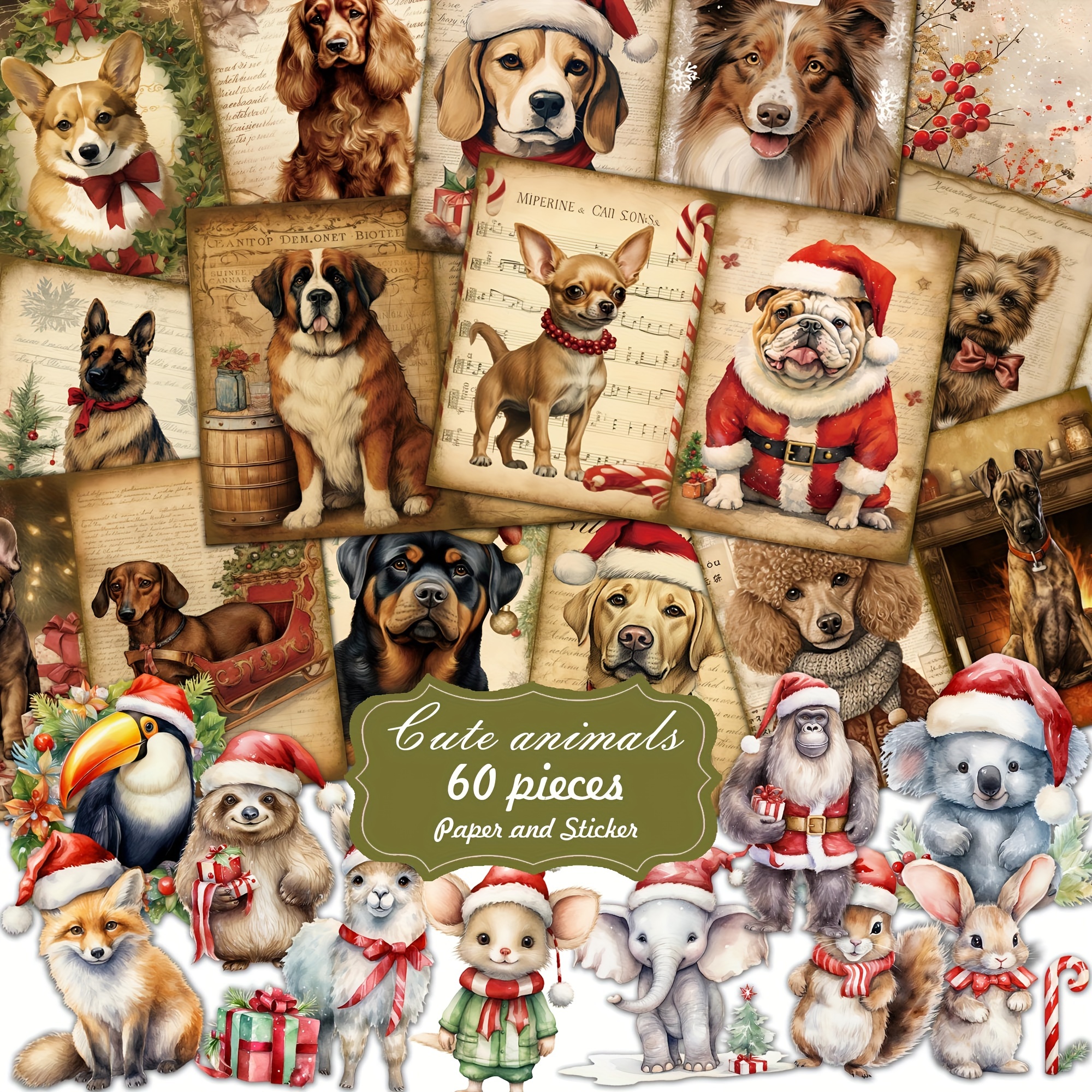 

60-piece Vintage Animal Themed Uncoated Recyclable Paper Set By Jai Iman, 140gsm Diy Craft Kit, Perfect For Scrapbooking, Holiday Party Decor, Ephemera, And Christmas