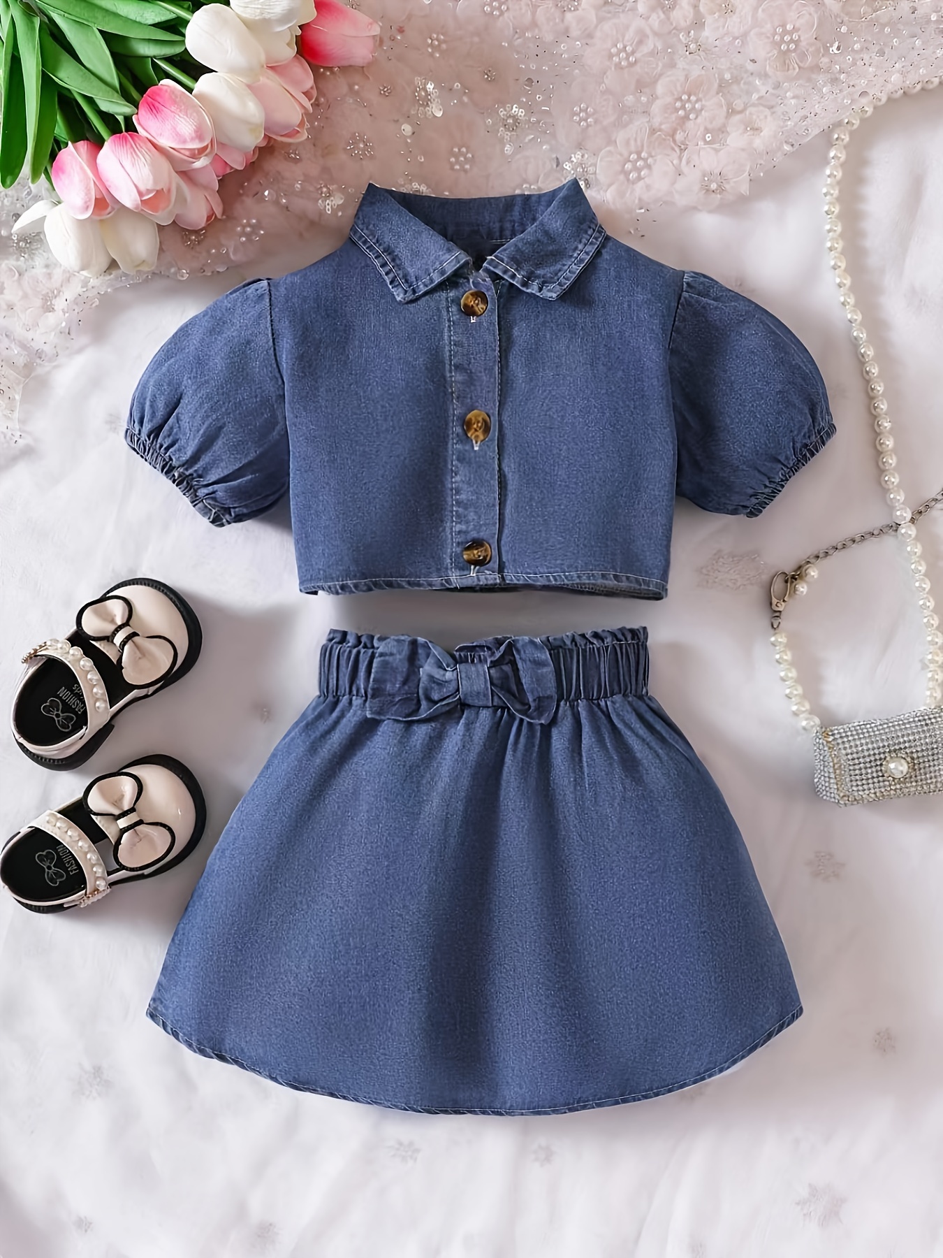 2pcs Baby Girl Imitation Denim Solid and Floral-print Flutter-sleeve Button Up Dresses Set