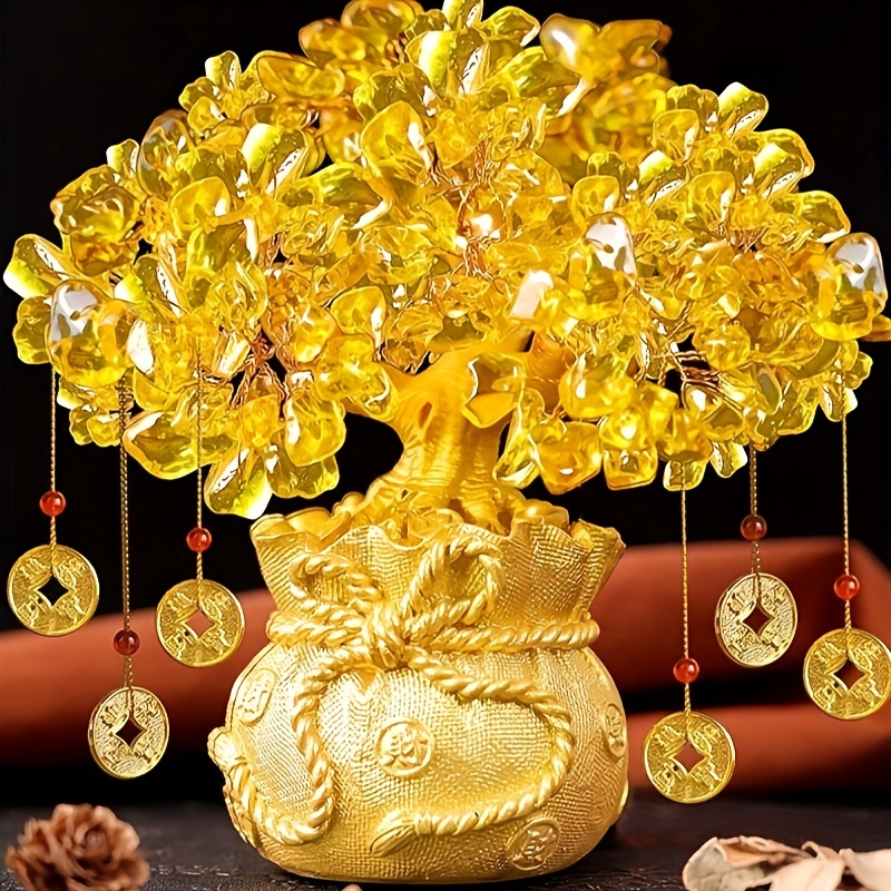 

Arbre de en cristal avec pot de dragon, arbre en citrine, décoration porte-, pièce froide, bonsaï, décoration de bureau, maison, (doré)