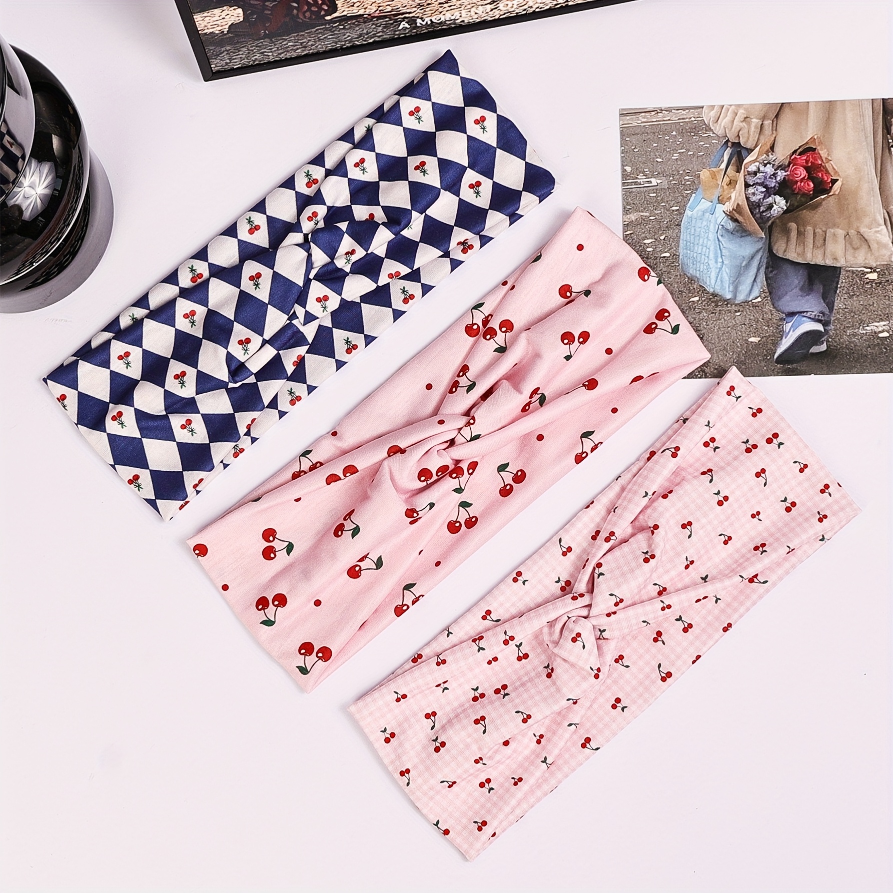 TEMU 3pcs Women's Satin Cherry Print Hair Bands With Cross Knot - Elegant & Cute Hair Accessories For Daily Wear, Perfect For Casual Or Stylish