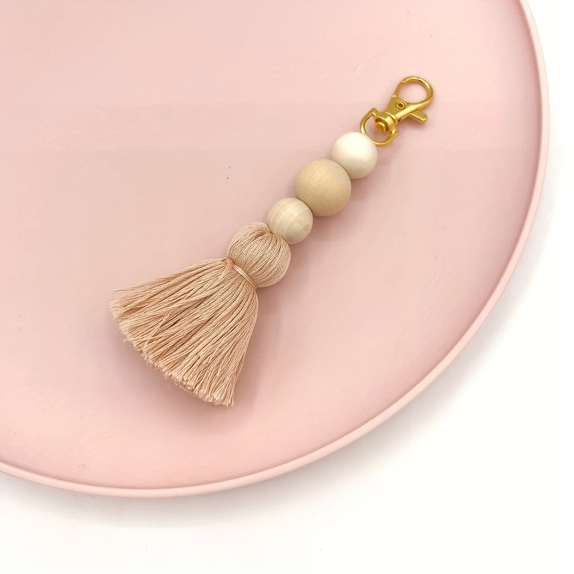 TEMU 1pc Portachiavi con nappa multicolore - stile con ciondolo in legno di pino e tessuto, chiusura a moschettone , rosa beige grigio scuro,