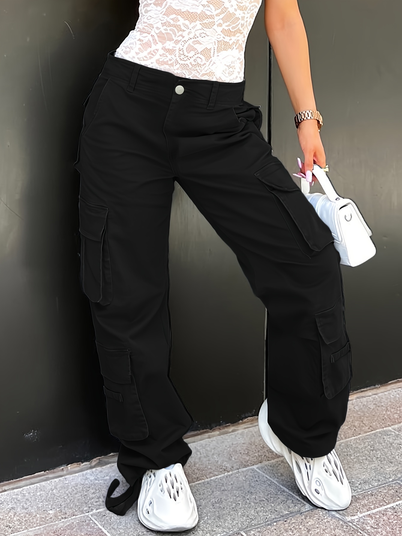 Solid Color Causal Cargo Pants, Slight Strech Hiking Running Pants, Women's  Athleisure