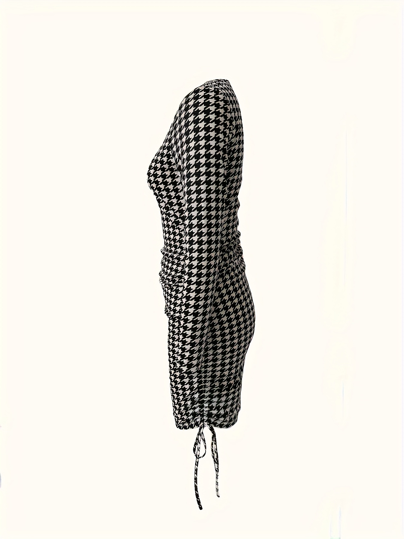 Women'S Round Neck Houndstooth Side Drawstring Fitted Dress