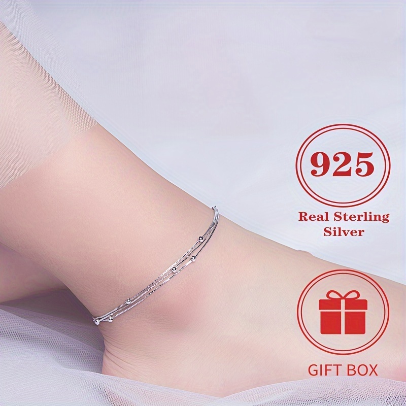 

Sterling Silver Anklet, 925 Multi-layer Bead Chain, Minimalist Design, Lightweight, Summer Beach Ankle Bracelet, Vacation & Simple Style, With Gift Box