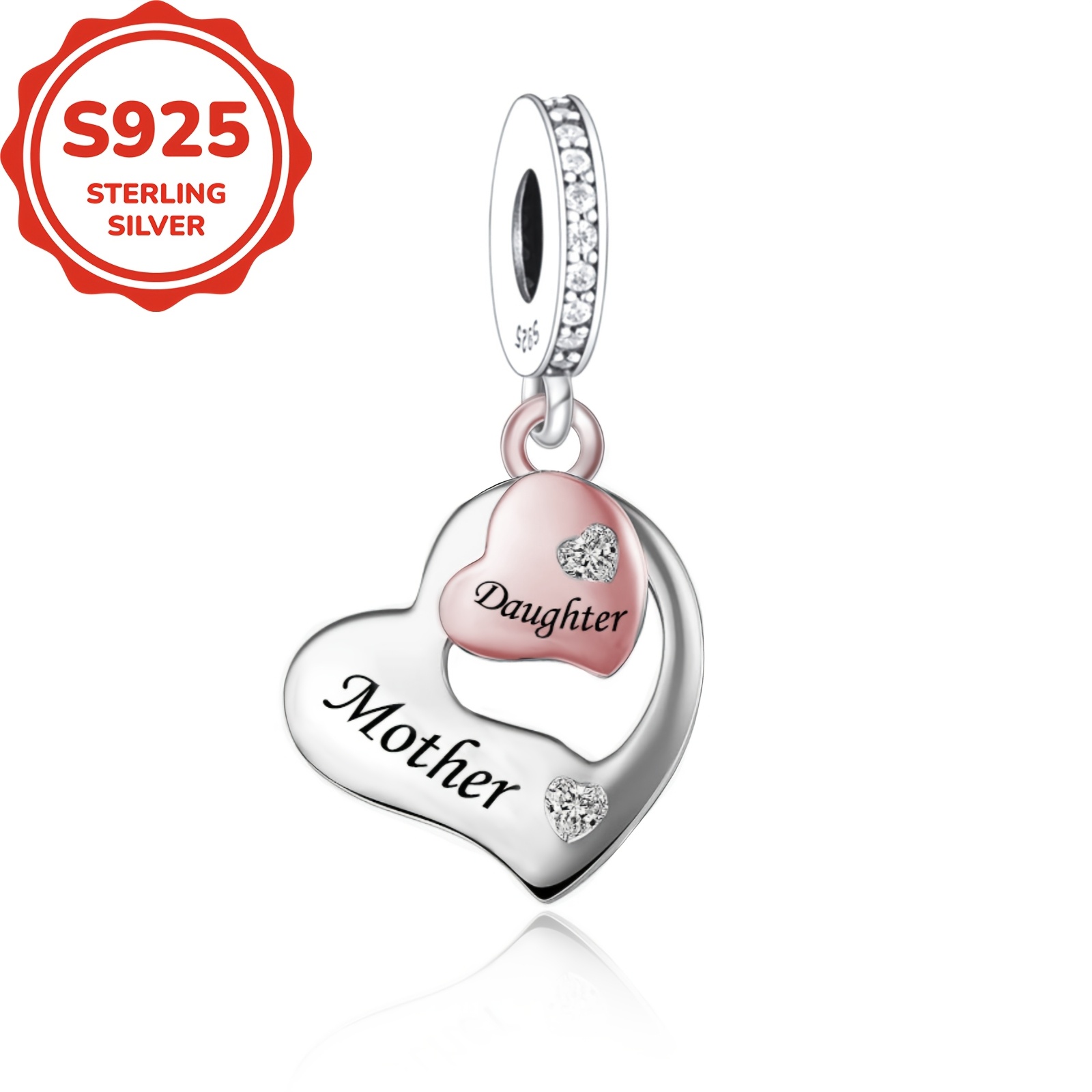 

925 Sterling Silver Heart-shaped Mom And Daughter Charms Beads For Making, With Cubic Zirconia, Charm, Beads