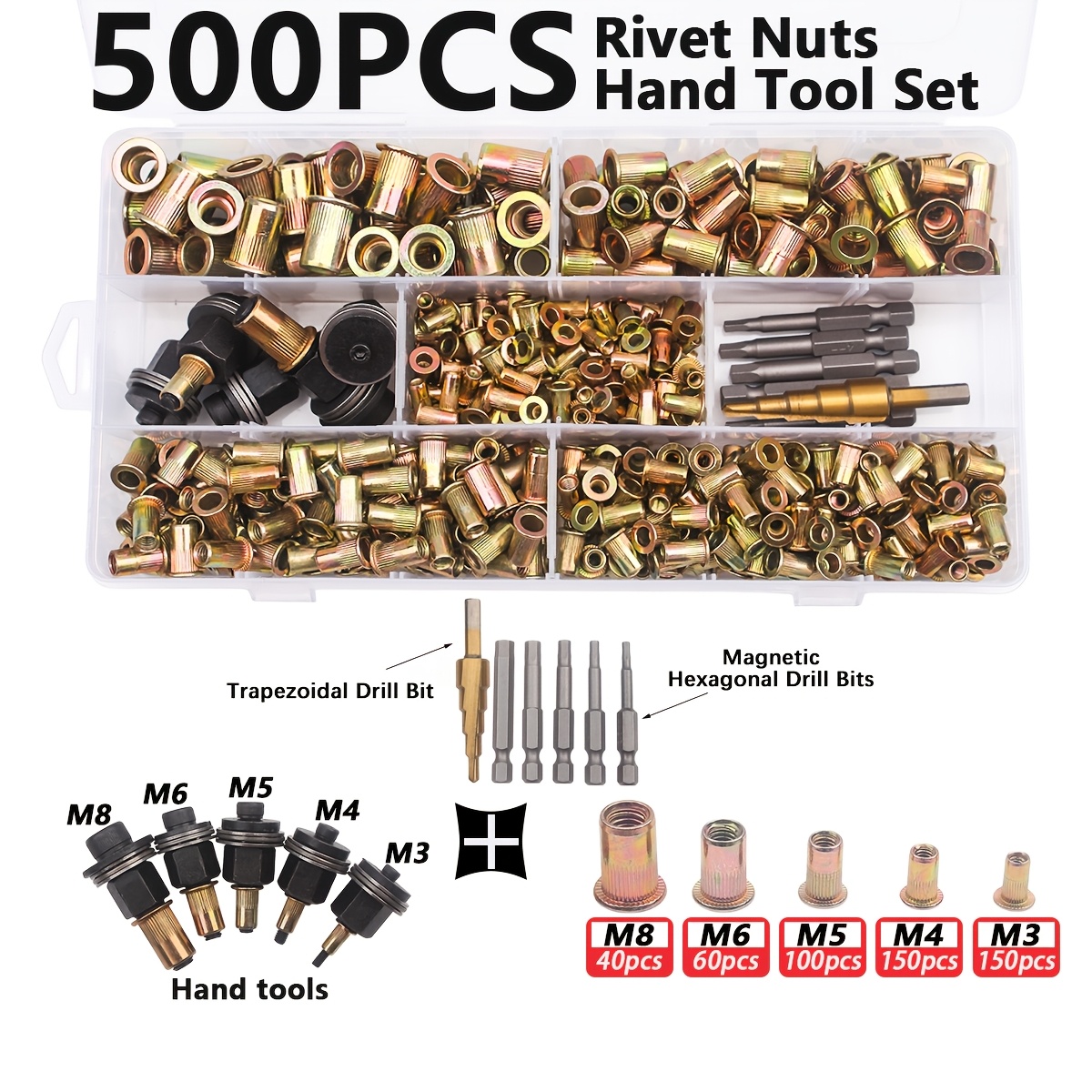 TEMU 500pcs Manual Tool Set, Upgraded Installation Tool Kit, Includes 5 Sizes Of M3 To M8 Rivet Nuts, 5 Types Of Step Drill Bits And Magnetic Hex