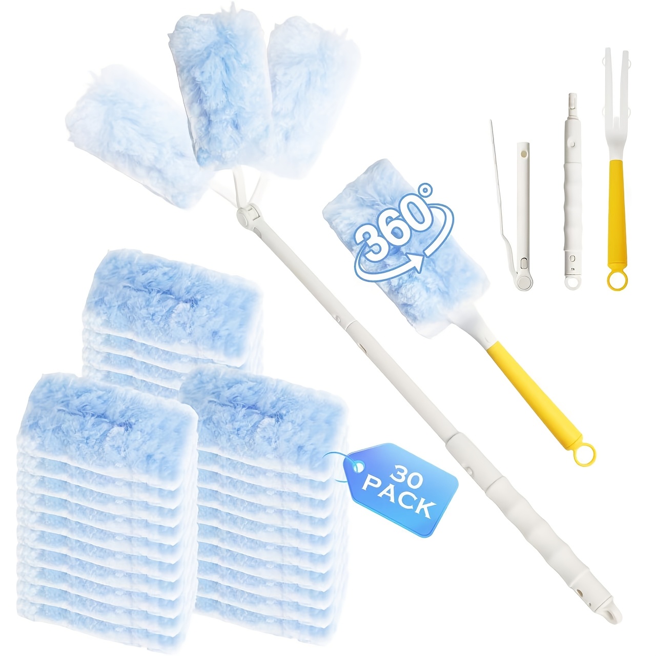 TEMU 30pcs Blue Dusting Duster Replacement Pack, With 1pc Short Handle And 1pc Telescopic Handle, Multi-surface Dusting Duster Replacement Pack,