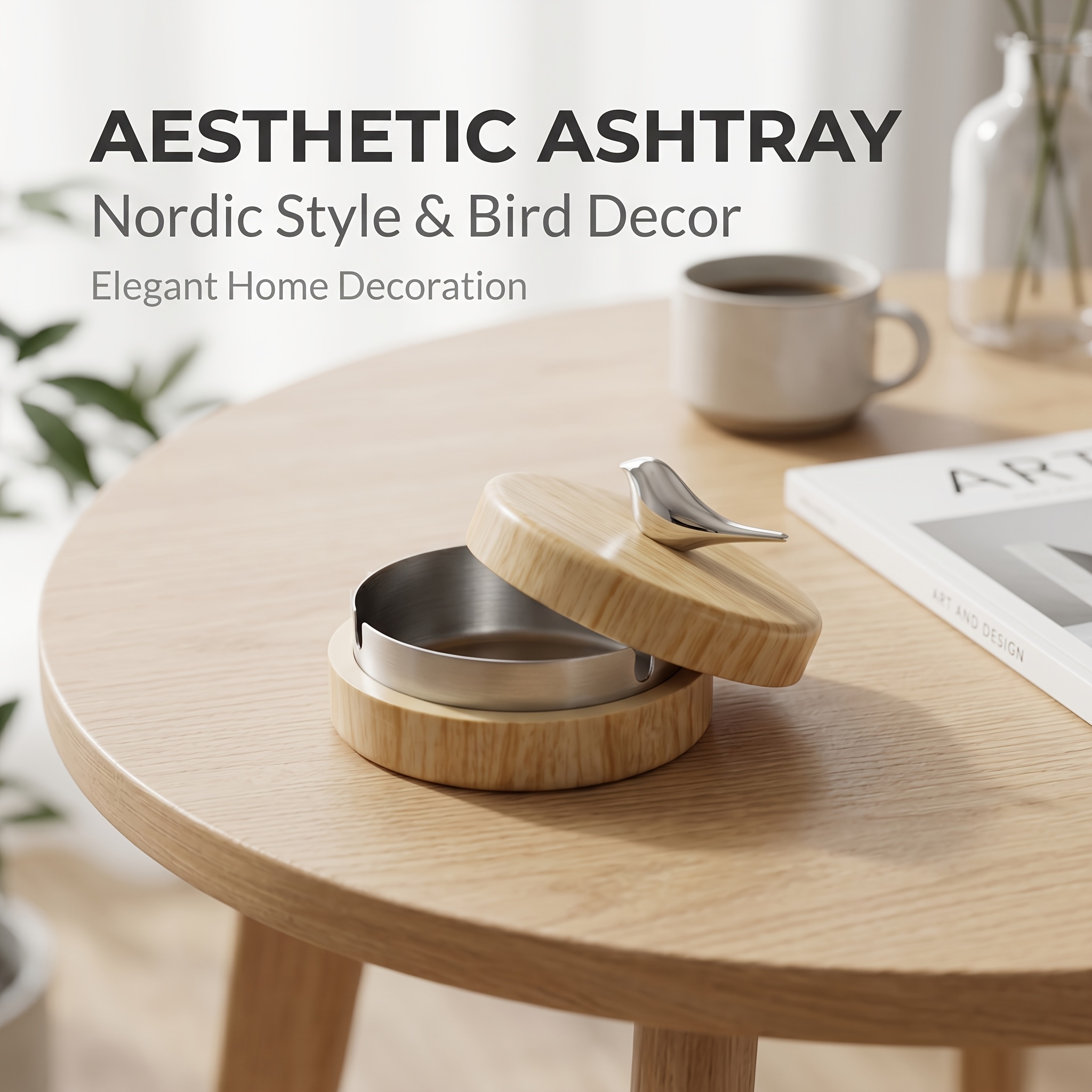 Bird-Shaped Ashtray with Lid, Windproof Ash Holder with Stainless Steel Liner, Easy-To-Clean Wood-Grain Ash Tray for Home Office