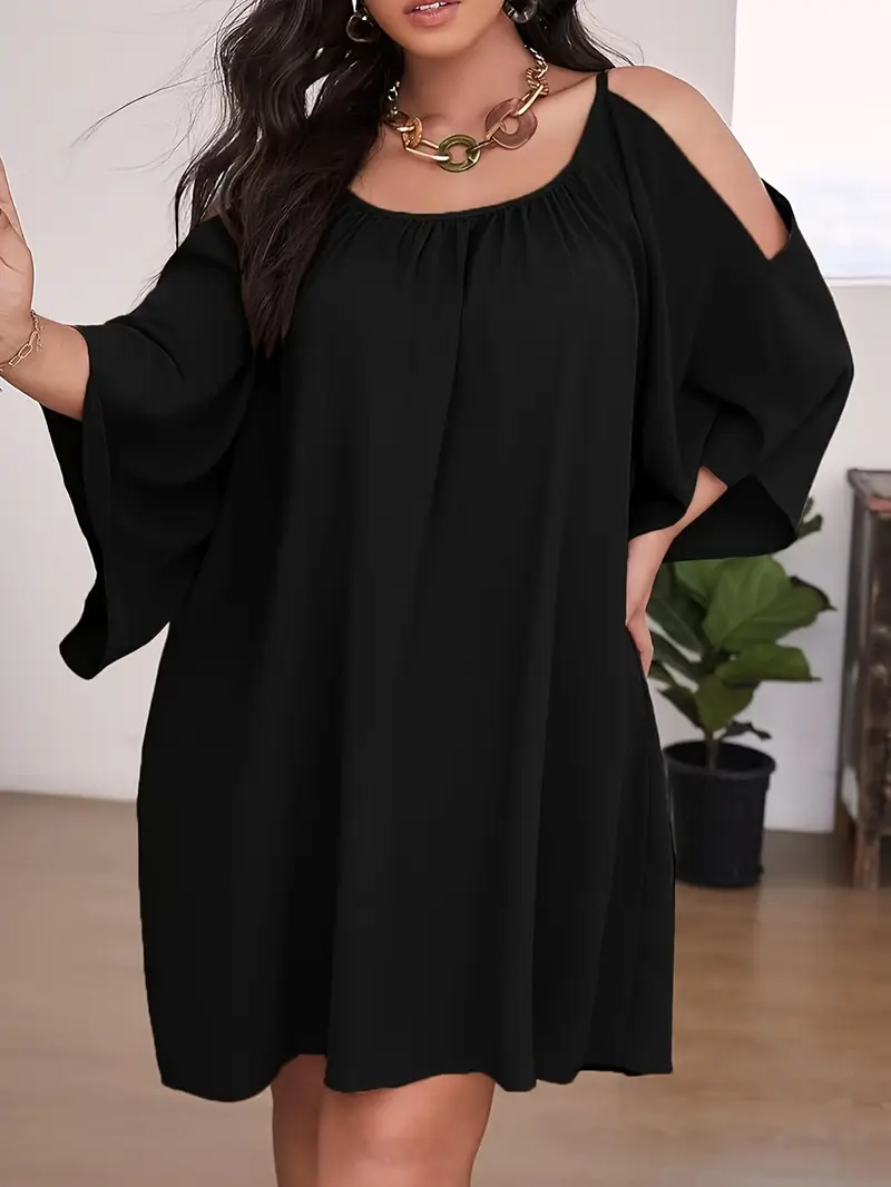 3/4 sleeve Cold Shoulder Solid Color Round neck Summer Plus size Tops 3/4 sleeve Cold Shoulder Solid Color Round neck Summer Plus size Tops