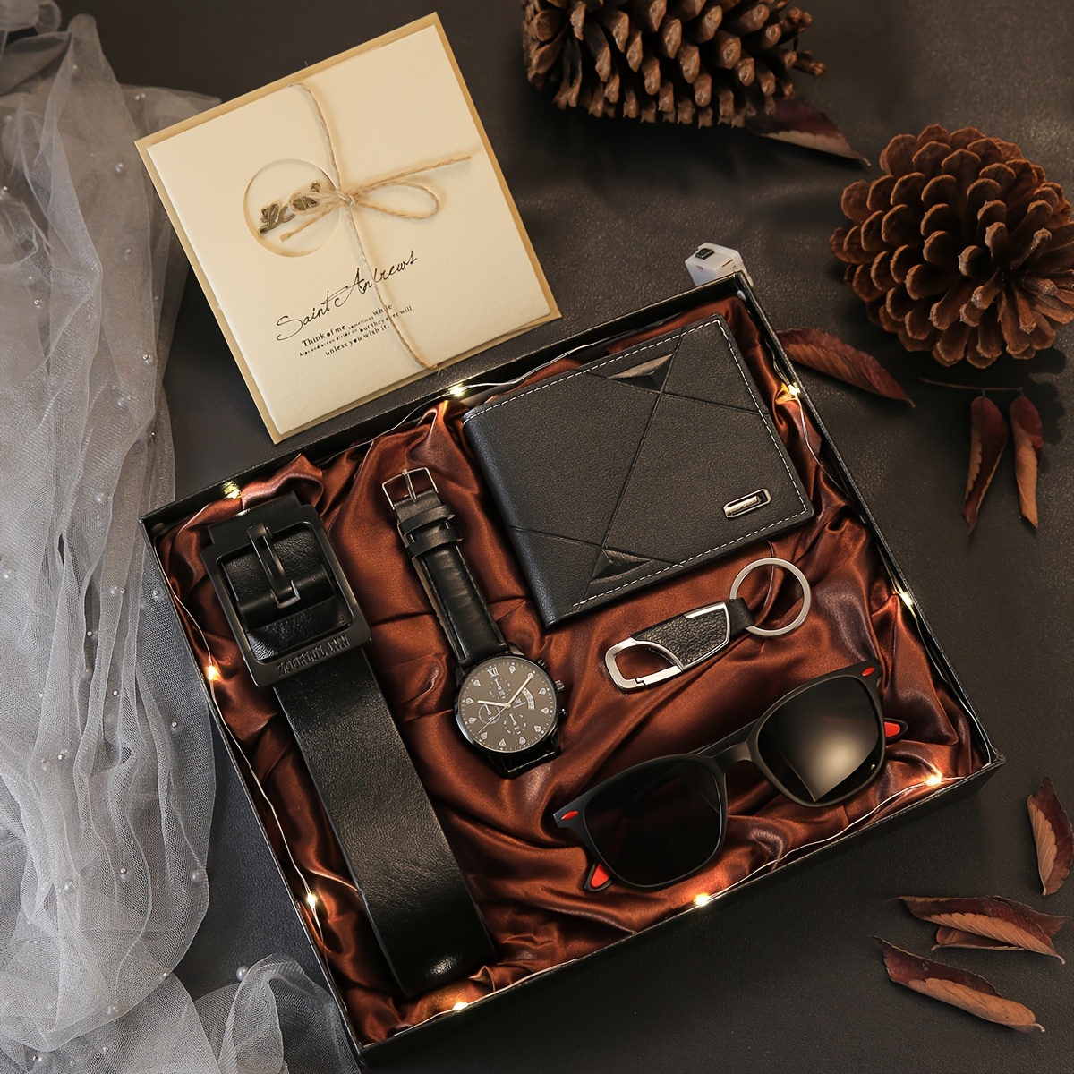 7pcs Men's Luxury Gift Box Set - Elegant Brown -like Texture Wallet, Belt, Keychain, Glasses Case & Card Holder - Complete Accessory Collection with Gift Box & Ribbon - Birthday/Valentine's/Anniversary Gift for Men - Sophisticated Men's Fashion Set with Belt Loop Compatibility - Ideal for Everyday & Formal Events