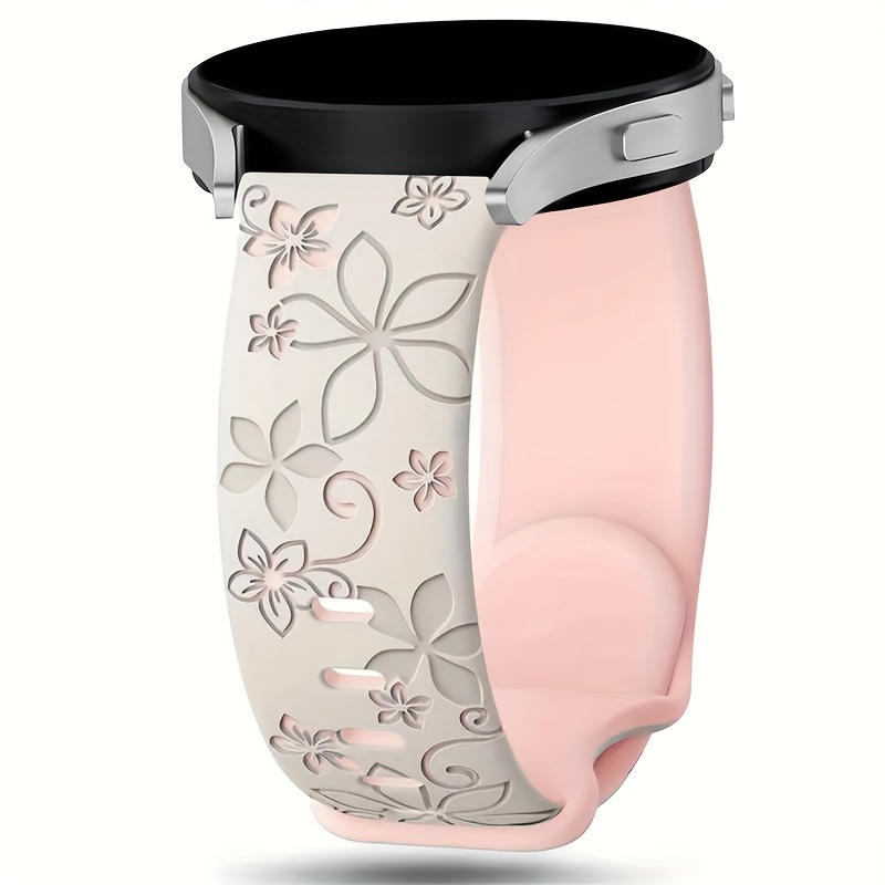 Cute Floral Engraved Two-Tone Flower Design Strap for Galaxy Watch 7 6 5 4 Classic/Pro 44mm 40mm Band Correa Soft Sport Bracelet Compatible with Huawei GT 2e 3 4 Watchband 20mm 22mm, Watch Straps for Smart Watch, Galaxy Watch Ultra Accessories, Watch Strap Charms, Galaxy Watch Ultra Strap, Watch Strap for Women, Fitness Tracker Strap, Smartwatch Accessory, Stylish Watchband, Decorative Strap, Flexible Material, Comfortable Fit, Replacement Band, Adjustable Strap,