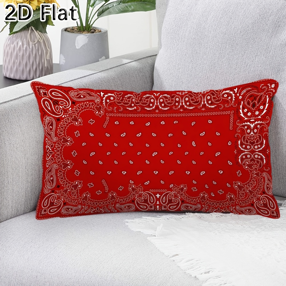 TEMU 1pc [2d Flat] 12x20 Inches Bandana Pattern Throw Pillow Cover, Rectangle Red Paisley Printed Lumbar Cushion Case, Decorative Pillowcase For Sofa