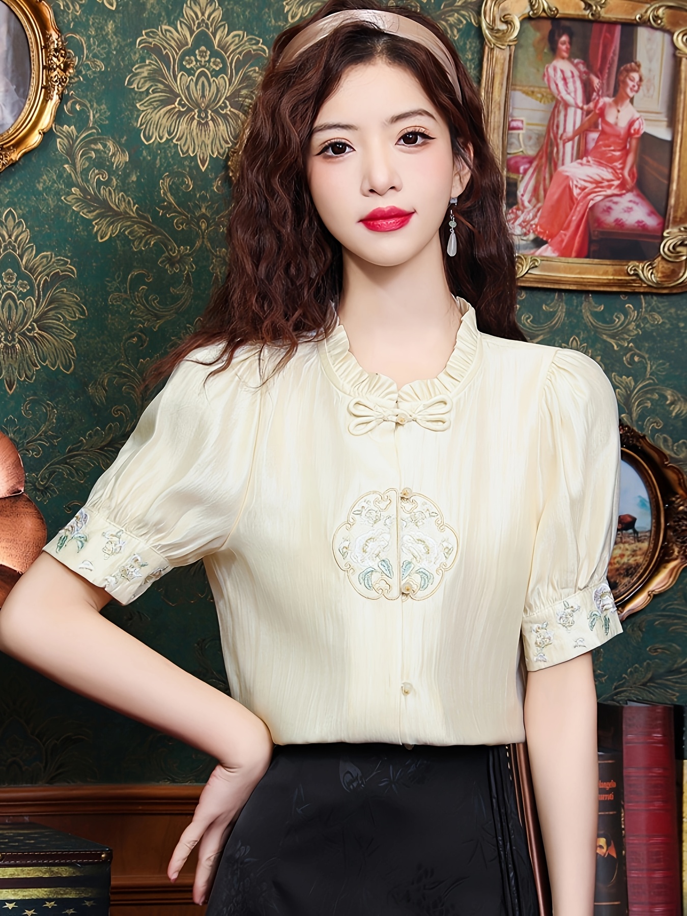 blusa manga corta bordado estilo chino elegante mujeres Temu Ecuador