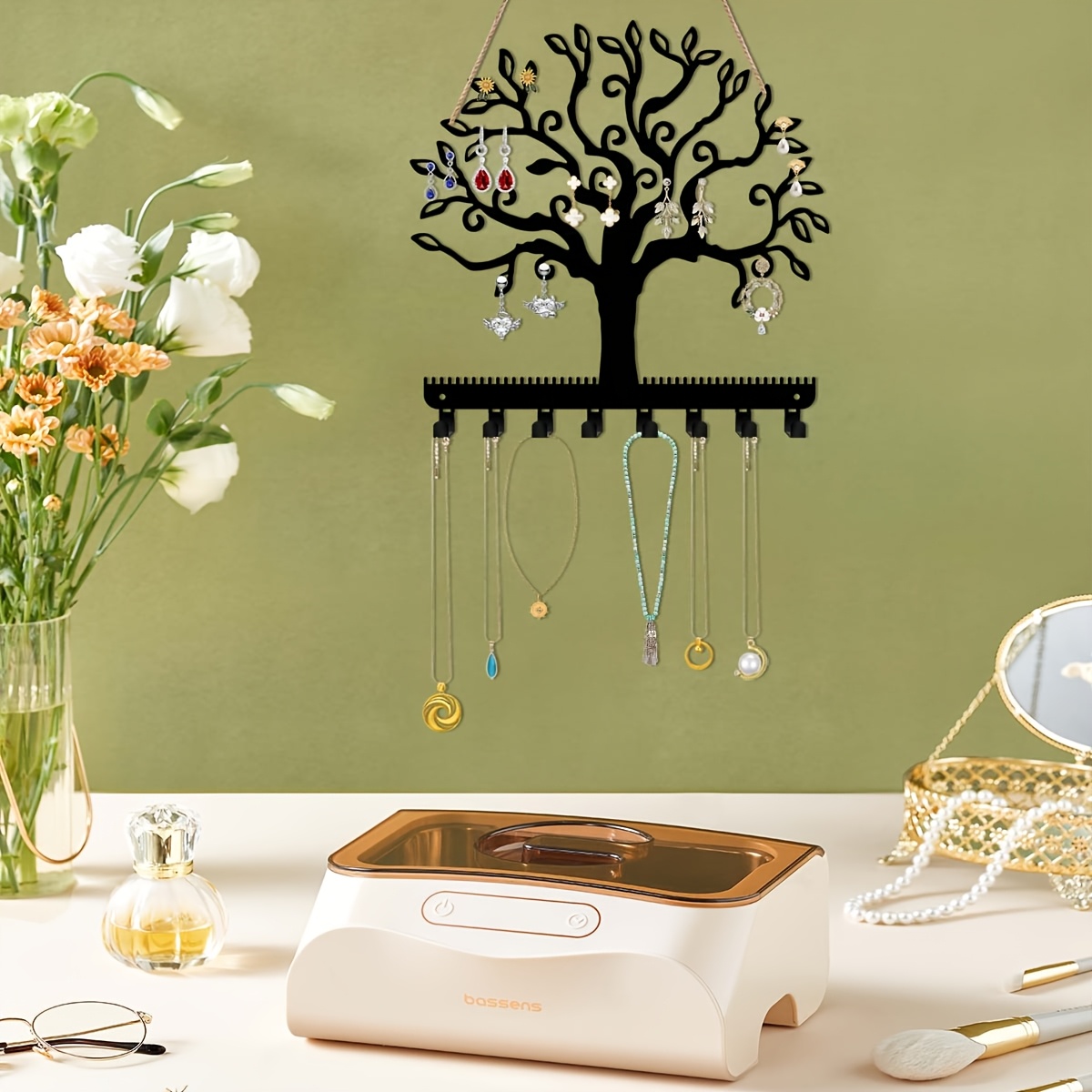 TEMU Metal Tree Of Life Jewelry Organizer Wall-mounted With Black Iron Branches & White Rope Hanger - Heavy-duty Necklace, Bracelet, Earring Display