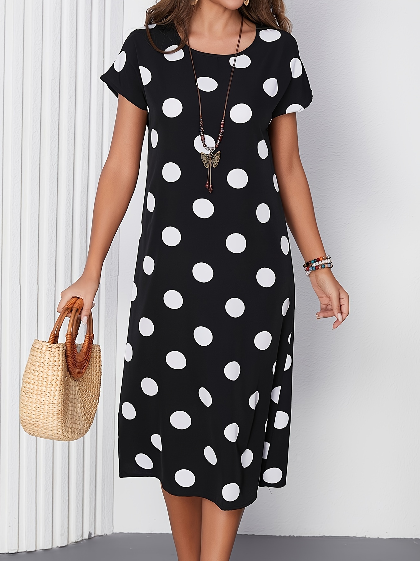 womens polka dot midi dress a line loose fit - Temu