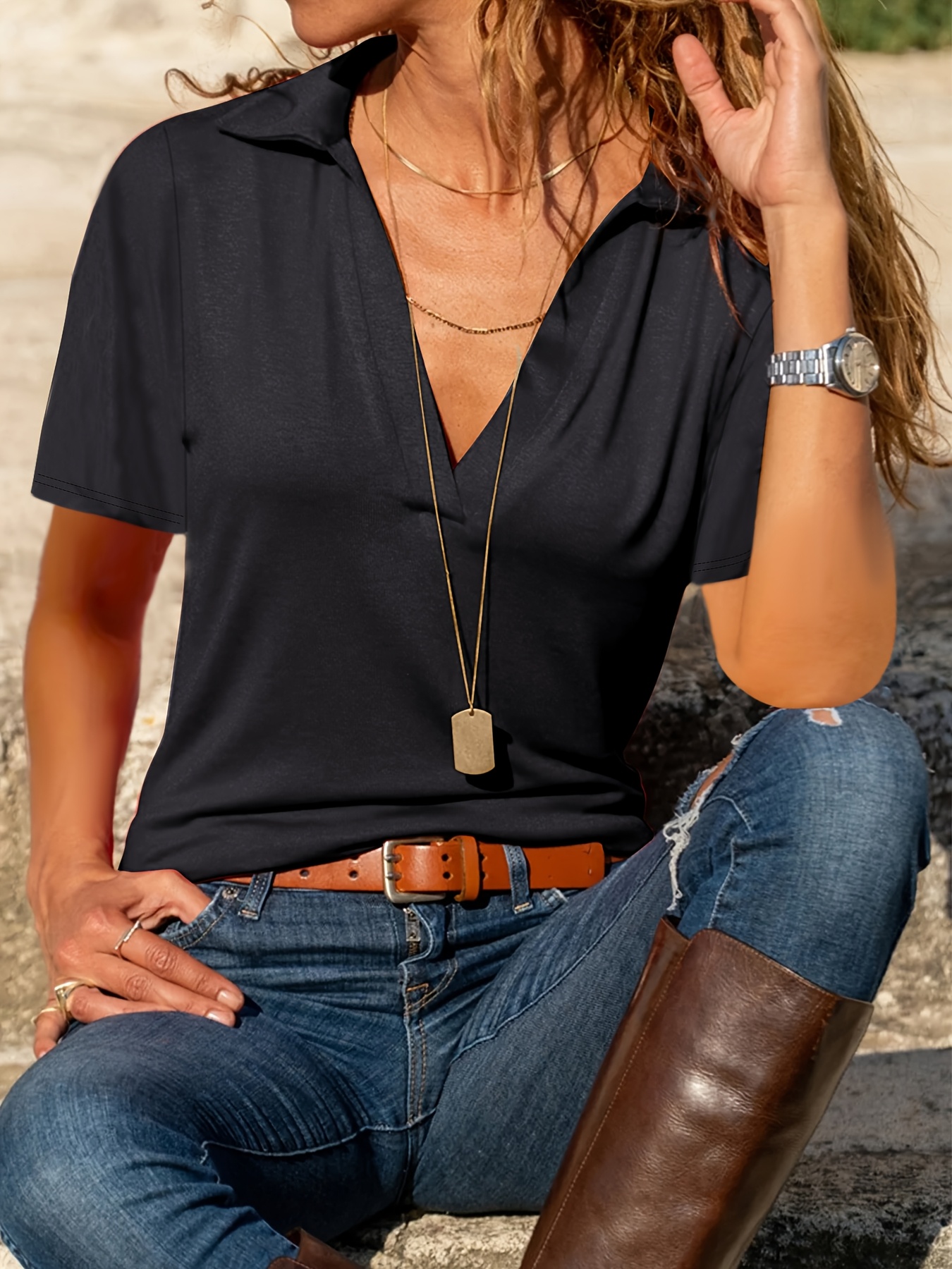 Diepe V Hals Shirt Dames Dames T Shirt Off White Viscose Kortemouw