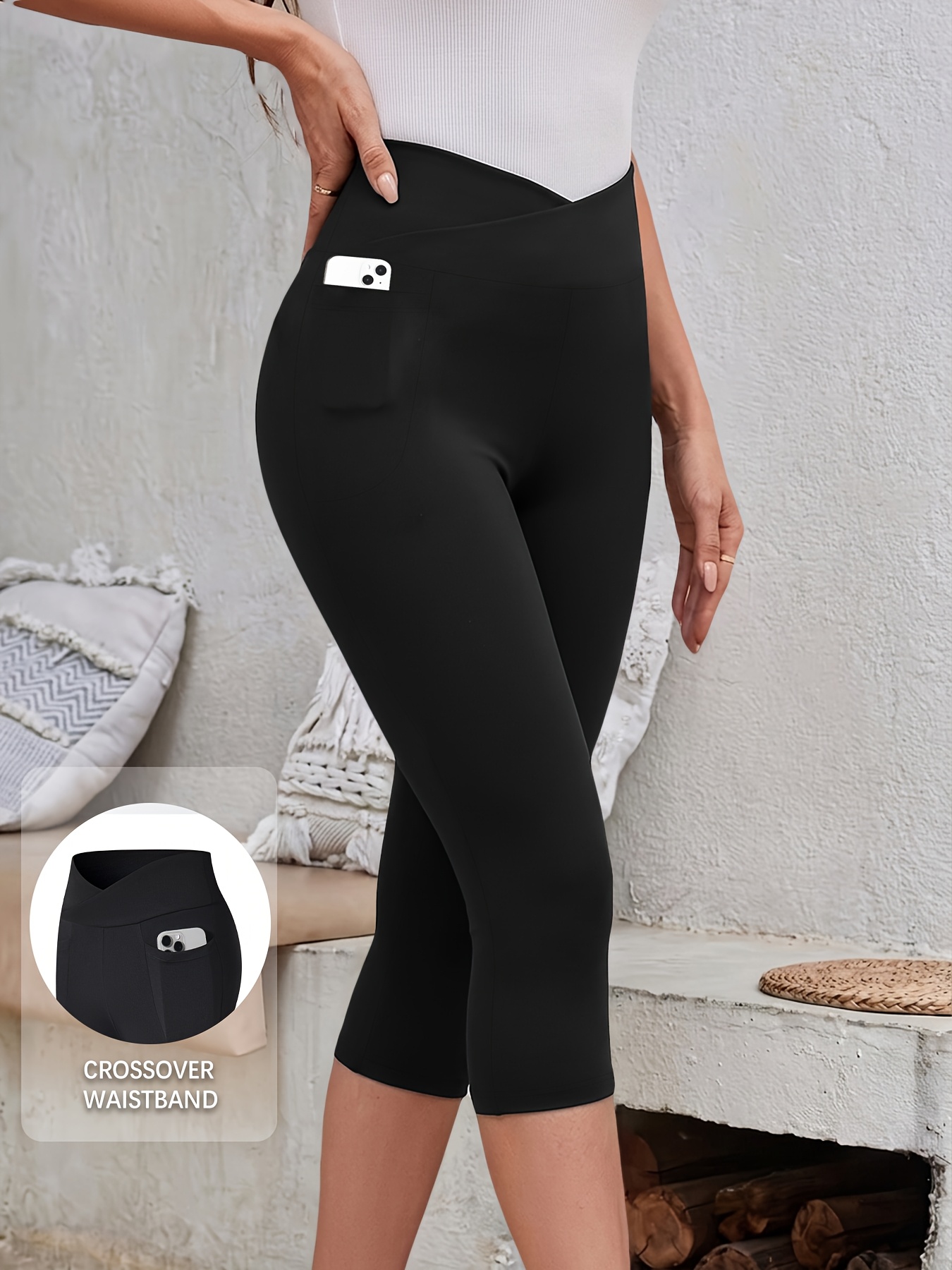 Women'S Super Soft Crossover High-Waisted Capri Pants with Pockets, Tummy Control, No See-Through Workout Yoga Running Leggings