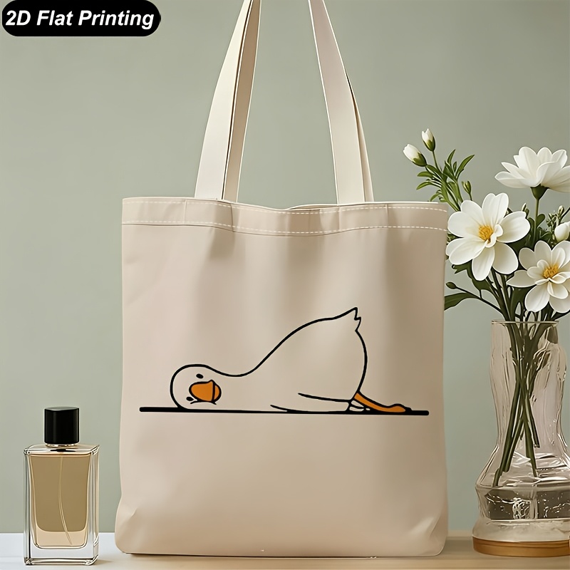 TEMU 1pc Fun Duck Lazy Animal Art Tote Bag, Multi-functional Double-sided Printed Handbag, Reusable Shopping Bag, Suitable For Daily Use, Birthday