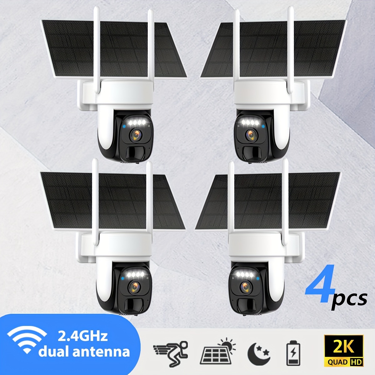 

4pcs Wireless Outdoor Solar Security Camera, 2k 360° Tilt Low Power Wifi Security Camera, 2.4gwifi, Ptz With Detection, Color Night Vision, Audio, Storage, Application