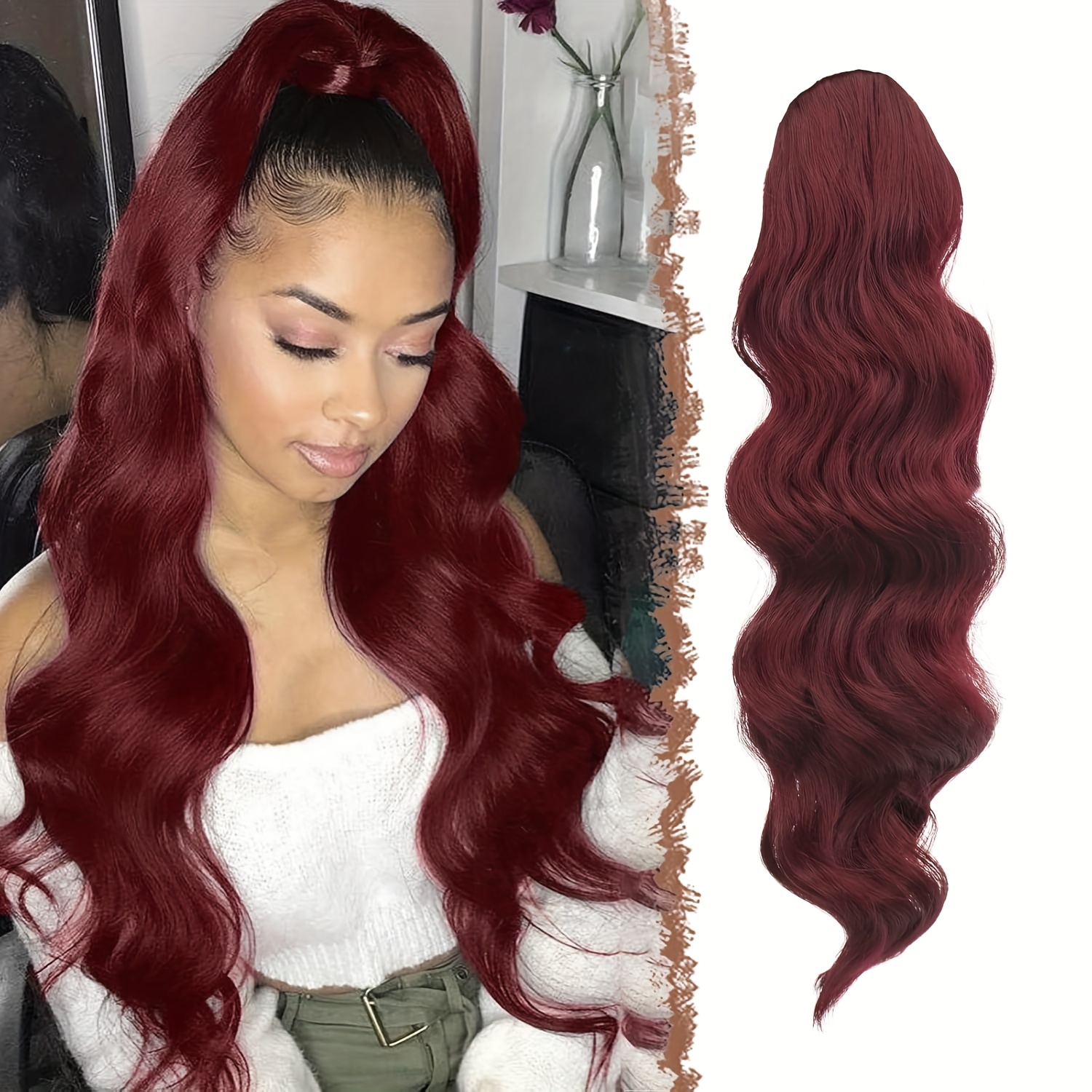 Barsdar Ponytail Hairpiece Hair Extension With Drawstring Ponytail Extension Synthetic Wavy Curly Hairpiece Red Ponytail Extension For Women 60cm