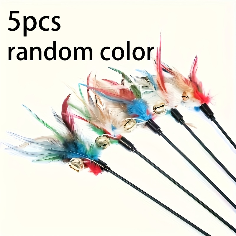 TEMU Jeu de bâton à plumes pour chat, 5/10 pièces, avec plumes biomimétiques réalistes et clochettes - Perche amusante durable en nylon/plastique,