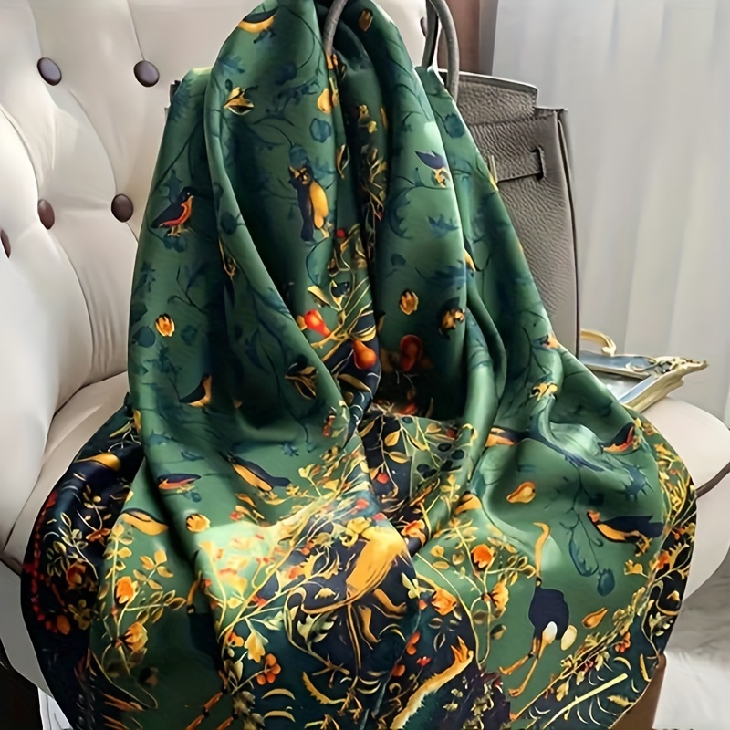 

43.3" Flower Print Square Scarf Imitation Silk Satin Large Shawl Casual Versatile Sunscreen Neck Protection Scarf Beach Shawl Head Wrap