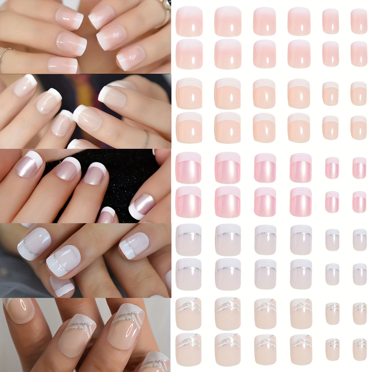 

120pc Chic French Tip Press-on Nails Set - Short Square, Glossy Finish In Pink & Nude Shades With Glitter Accents - Easy Diy Manicure Kit