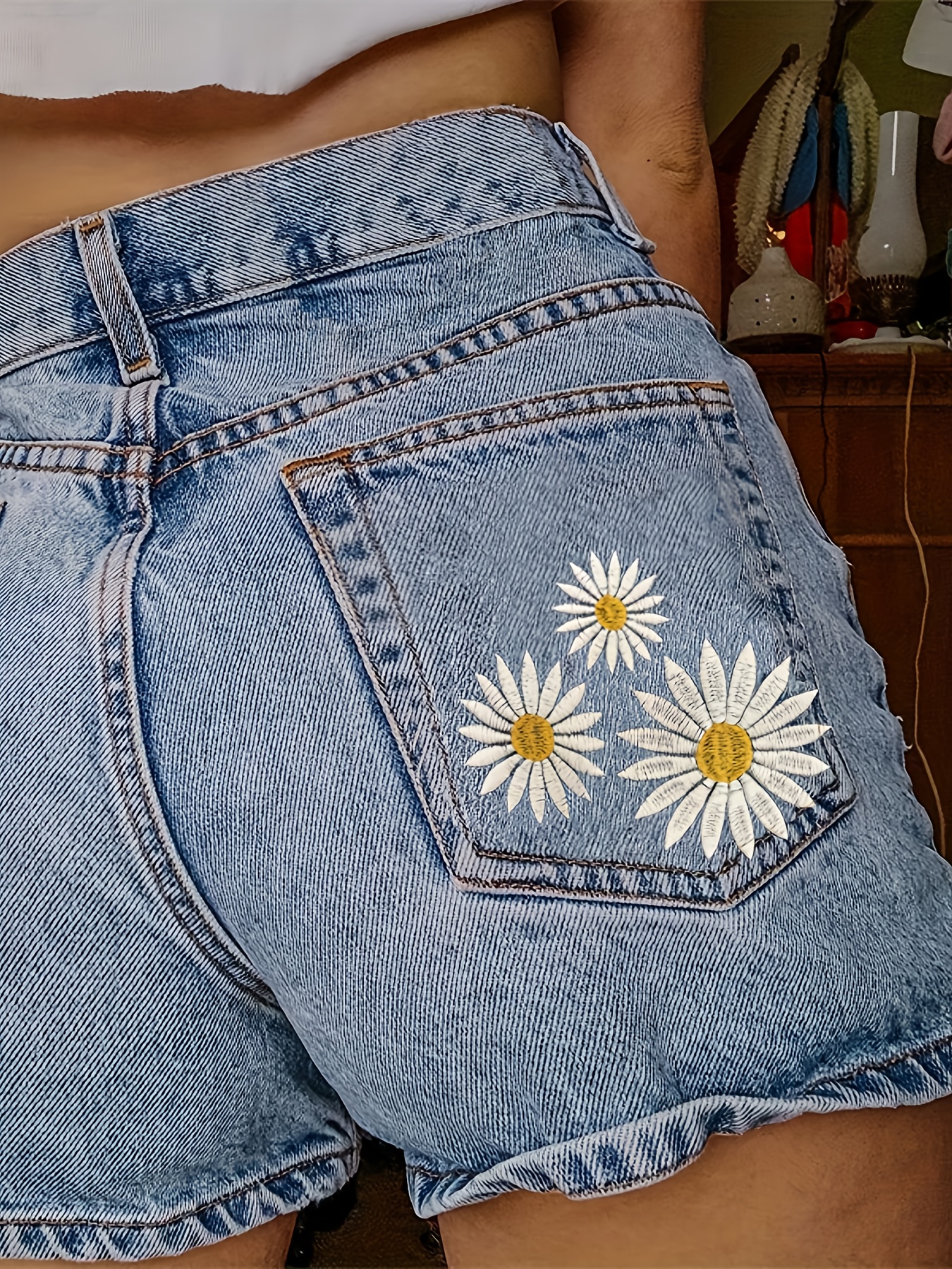 Women'S Floral Print Denim Bermuda Shorts High Stretch, Embroidered Daisy  Design, Summer Casual Wear, Light Blue Denim with White Daisy Accents,